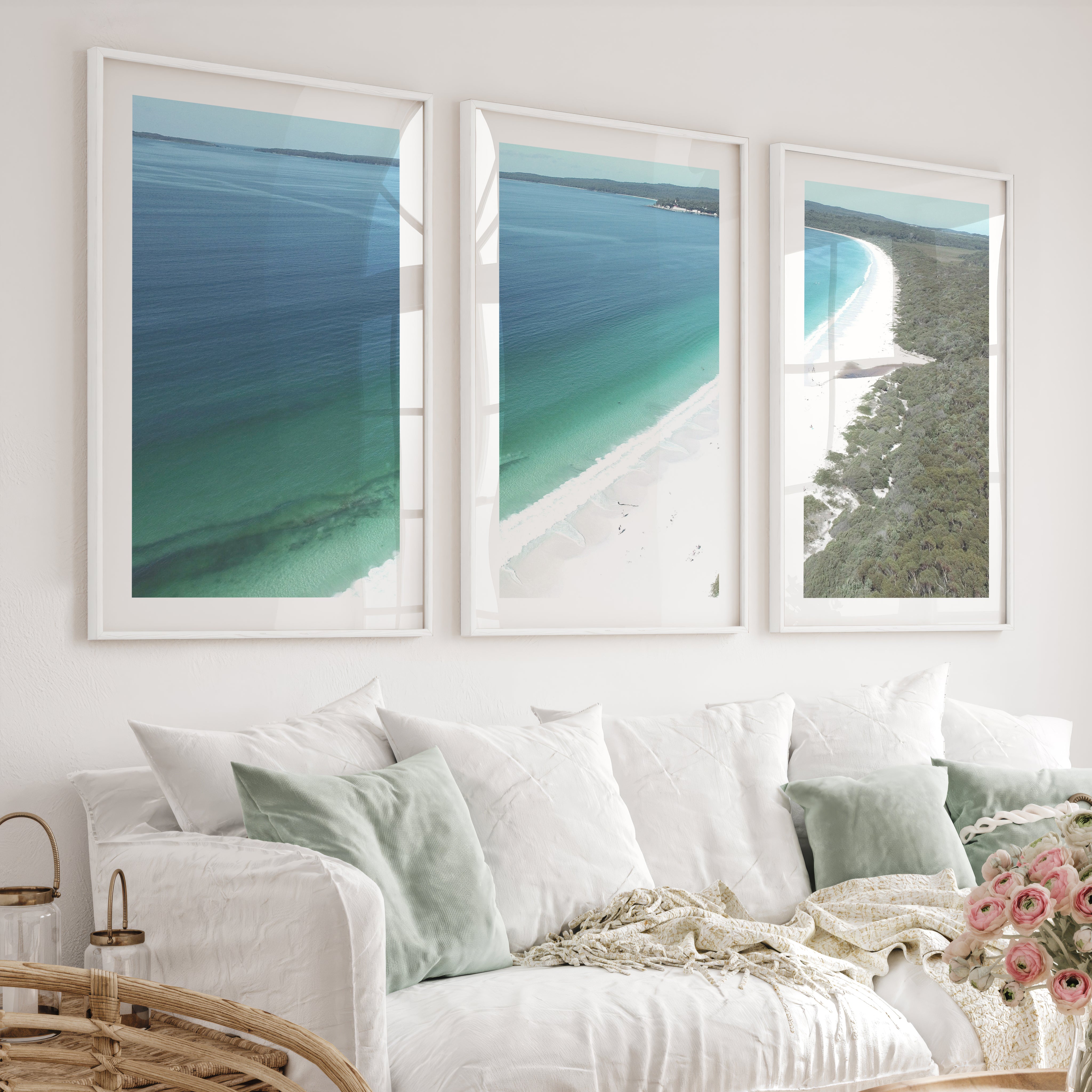 White Sand Bay Ocean Art Wall - White Framed Poster with White Border - Artworksets