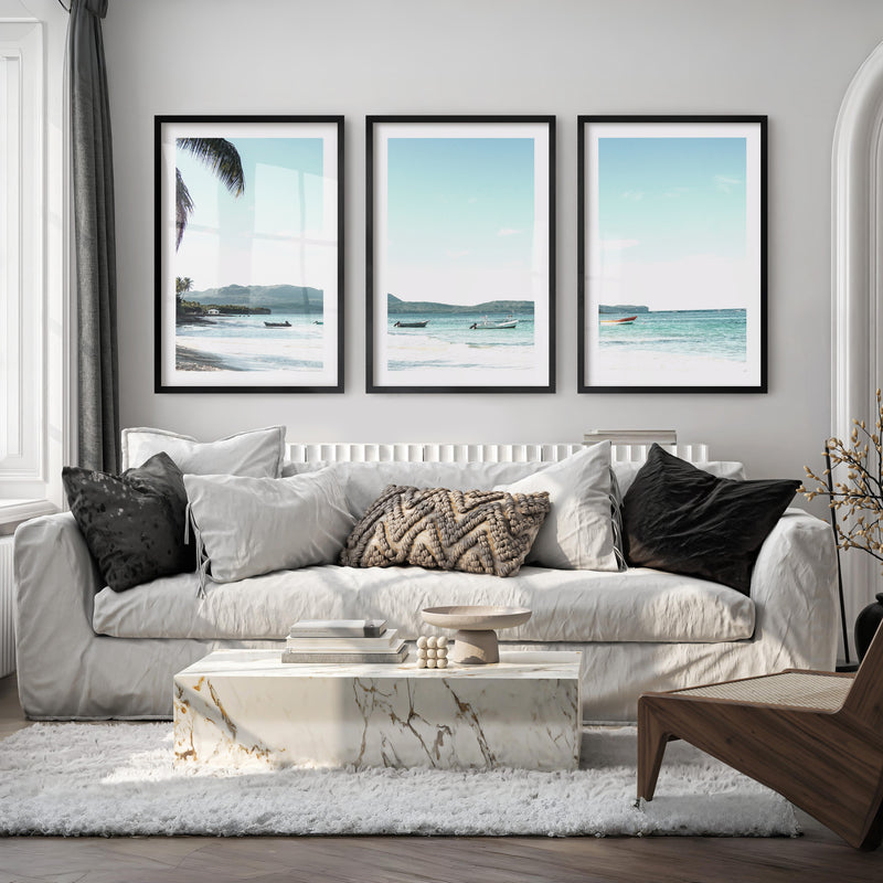 Blue Bay Boats ocean art work - Black Framed Poster with White Border - Artworksets