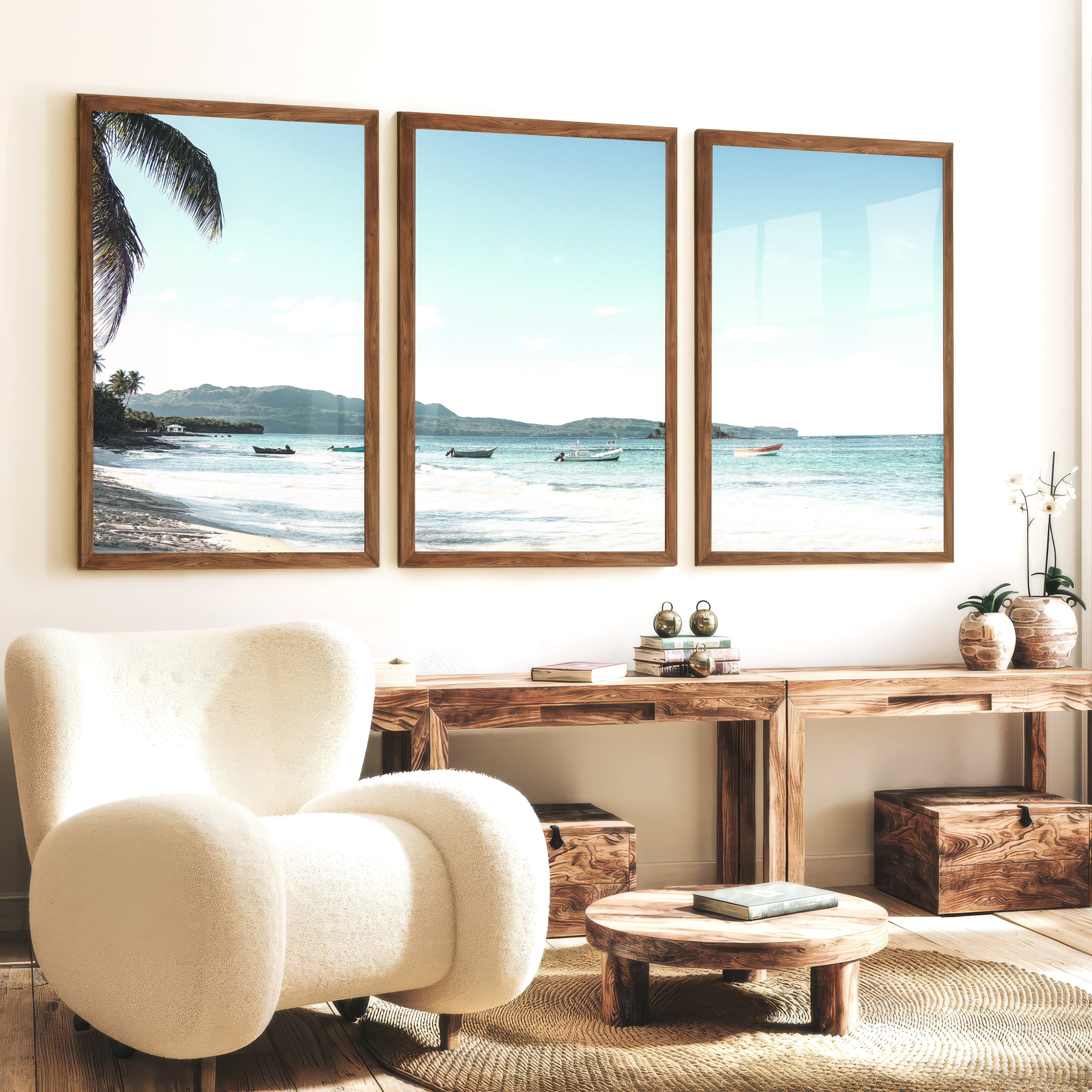 Blue Bay Boats ocean art work - Dark Brown Framed Poster No Border - Artworksets