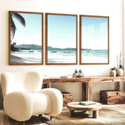 Blue Bay Boats ocean art work - Dark Brown Framed Poster No Border - Artworksets