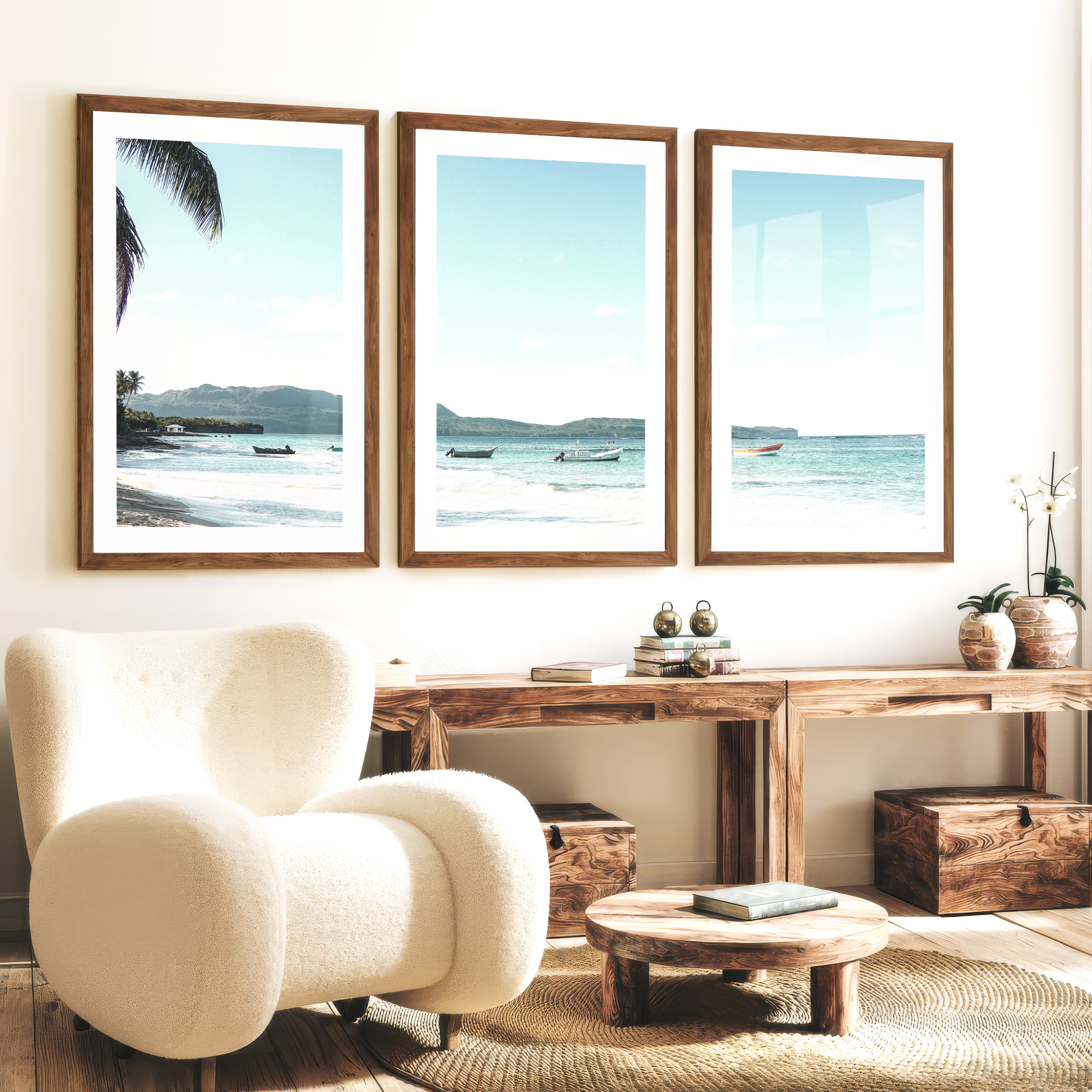 Blue Bay Boats ocean art work - Dark Brown Framed Poster with White Border - Artworksets