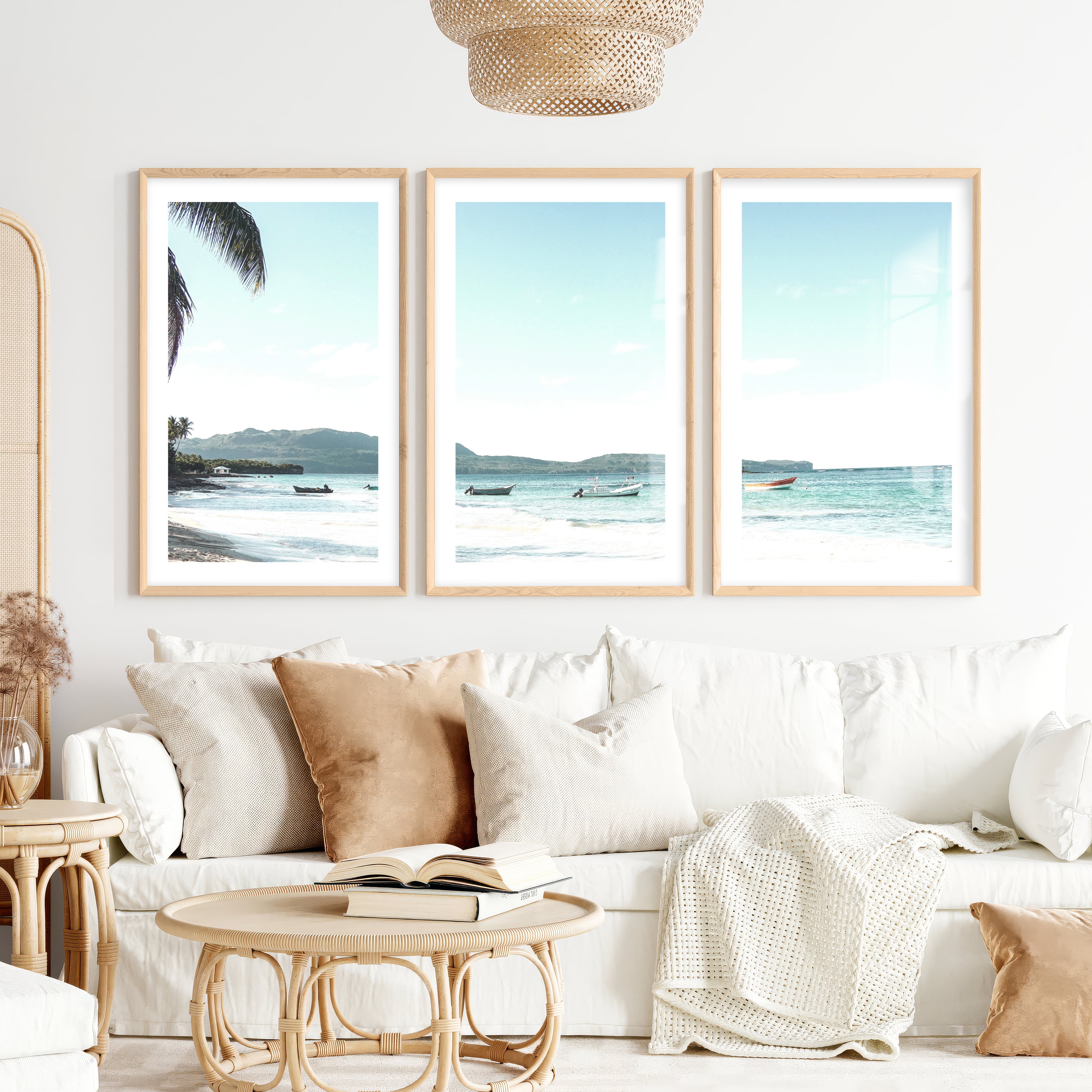 Blue Bay Boats ocean art work- Natural Wood Framed Poster with White Border - Artworksets