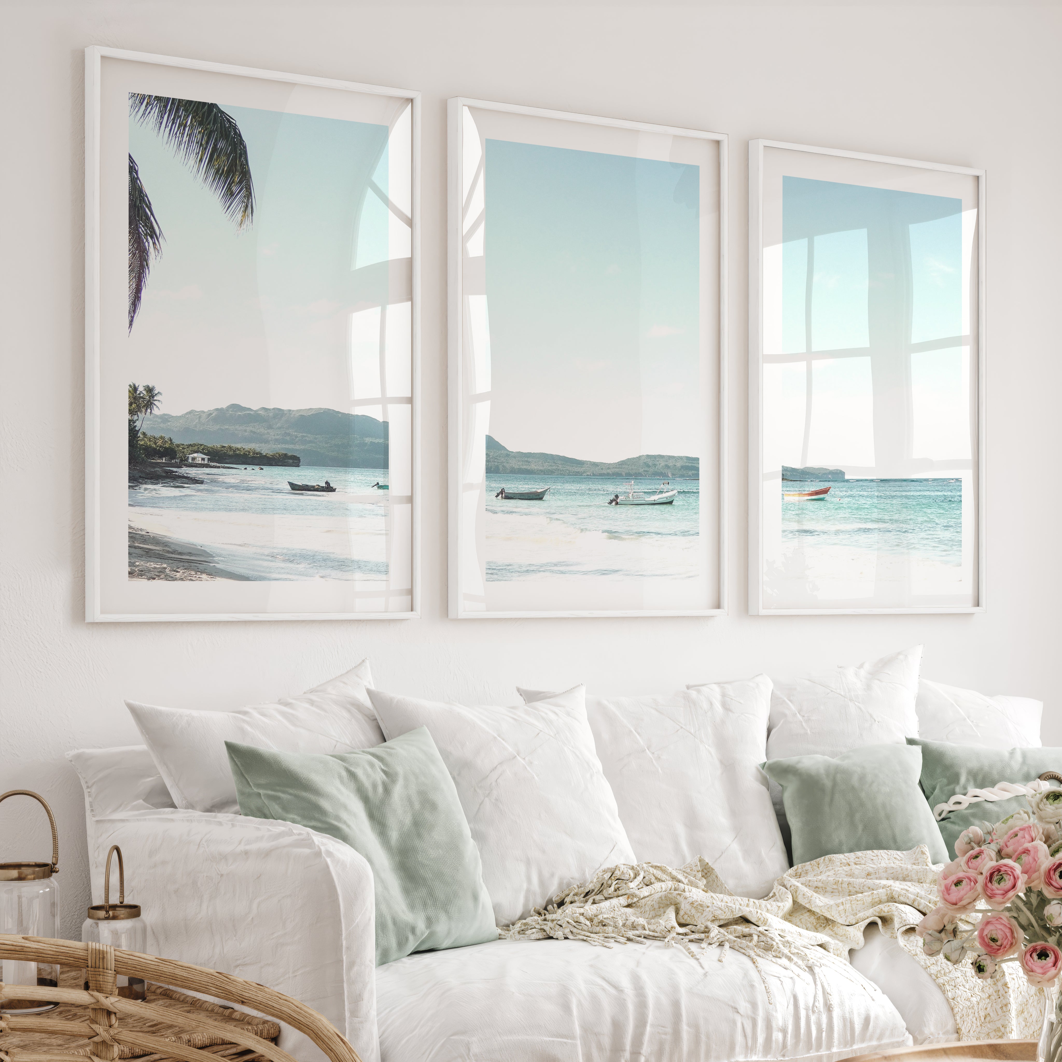 Blue Bay Boats ocean art work - White Framed Poster with White Border - Artworksets