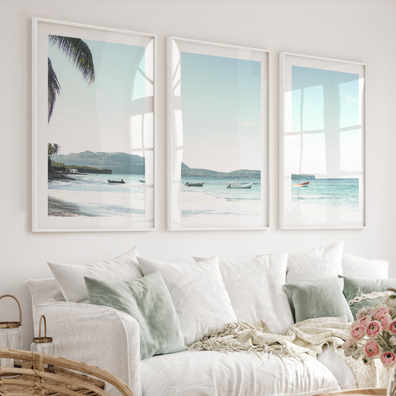 Blue Bay Boats ocean art work - White Framed Poster with White Border - Artworksets
