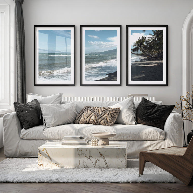 Palm Shoreline ocean beach artwork - Black Framed Poster with White Border - Artworksets
