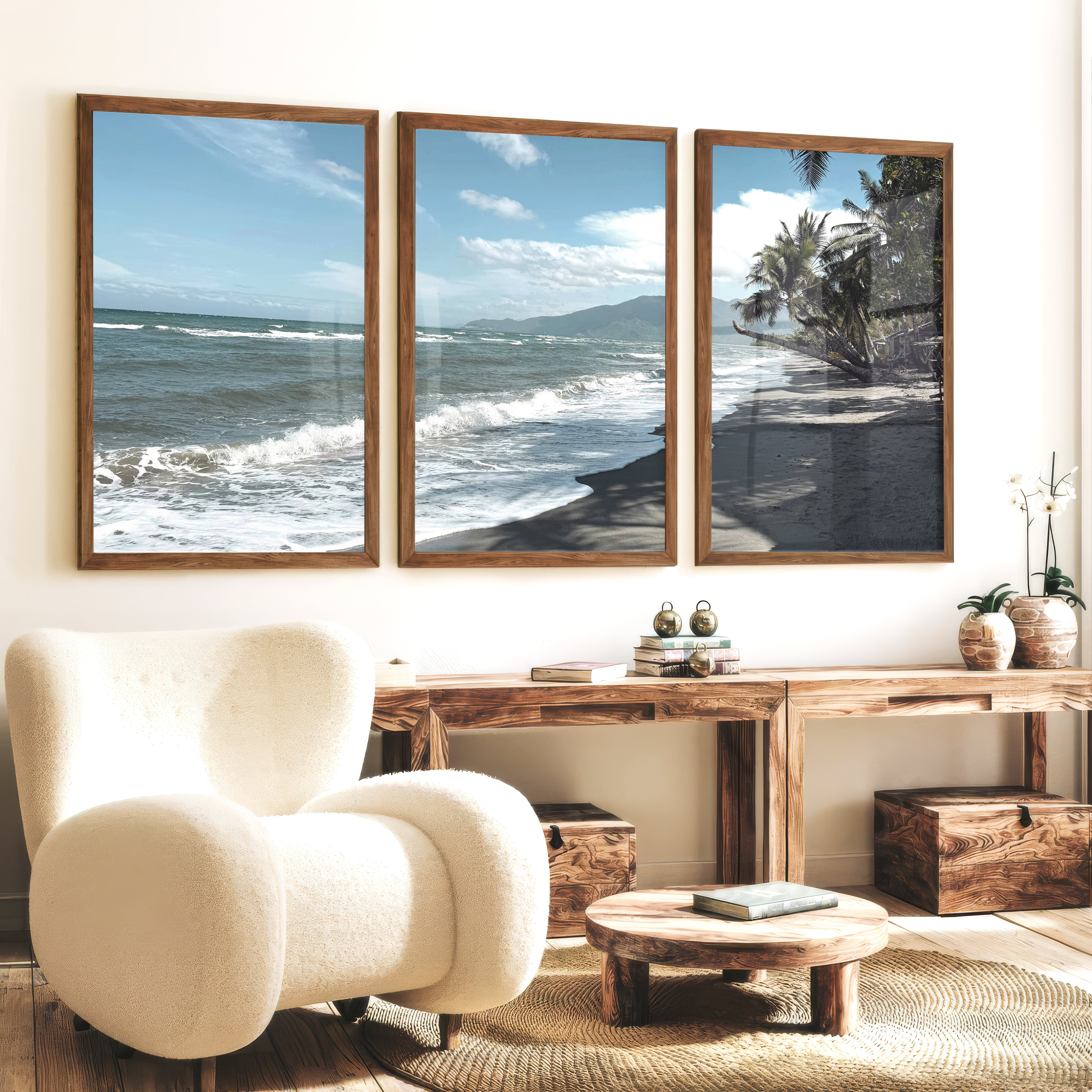Palm Shoreline ocean beach artwork - Dark Brown Framed Poster No Border - Artworksets