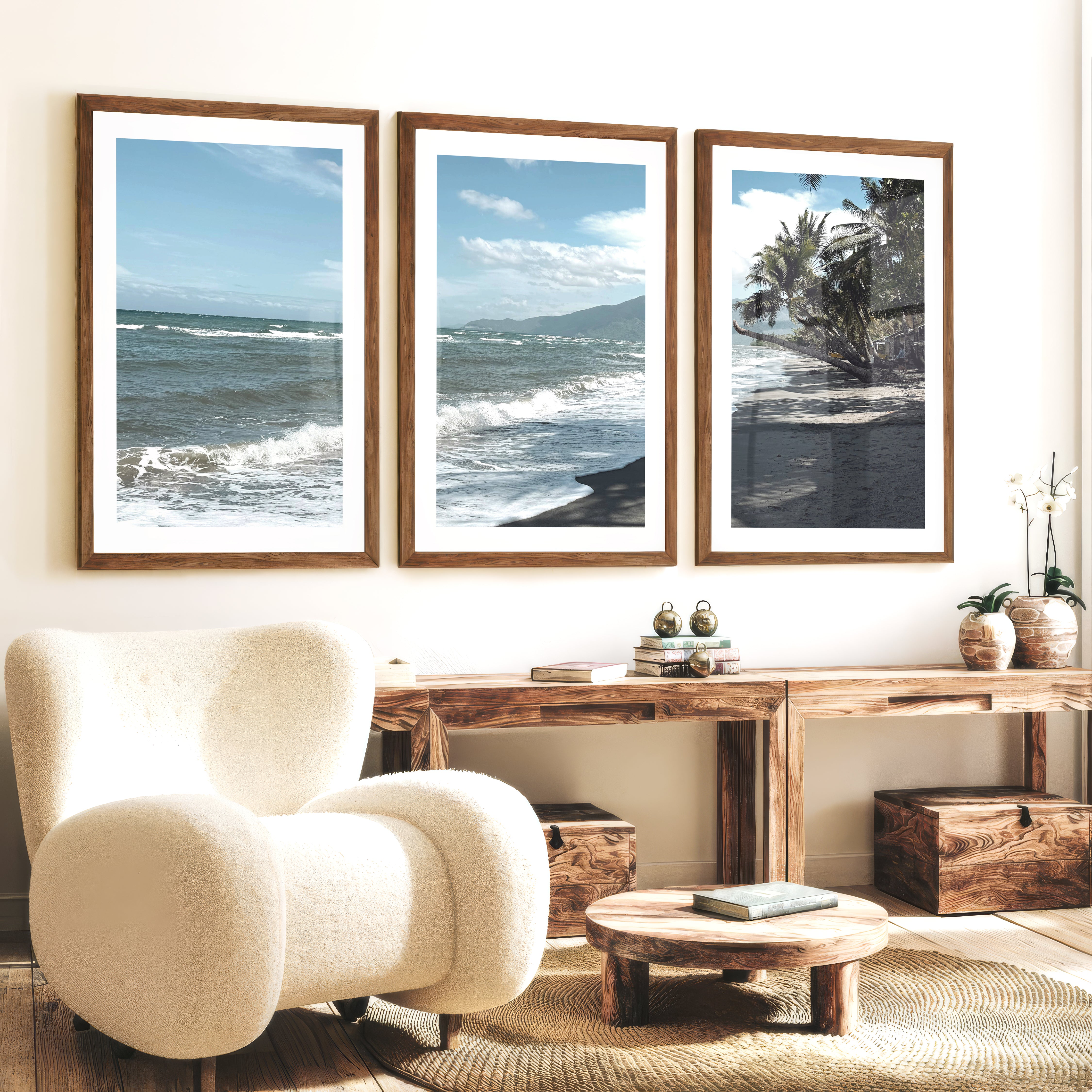 Palm Shoreline ocean beach artwork - Dark Brown Framed Poster with White Border - Artworksets