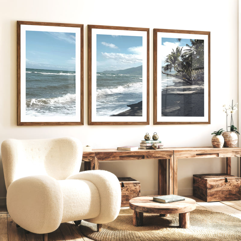 Palm Shoreline ocean beach artwork - Dark Brown Framed Poster with White Border - Artworksets