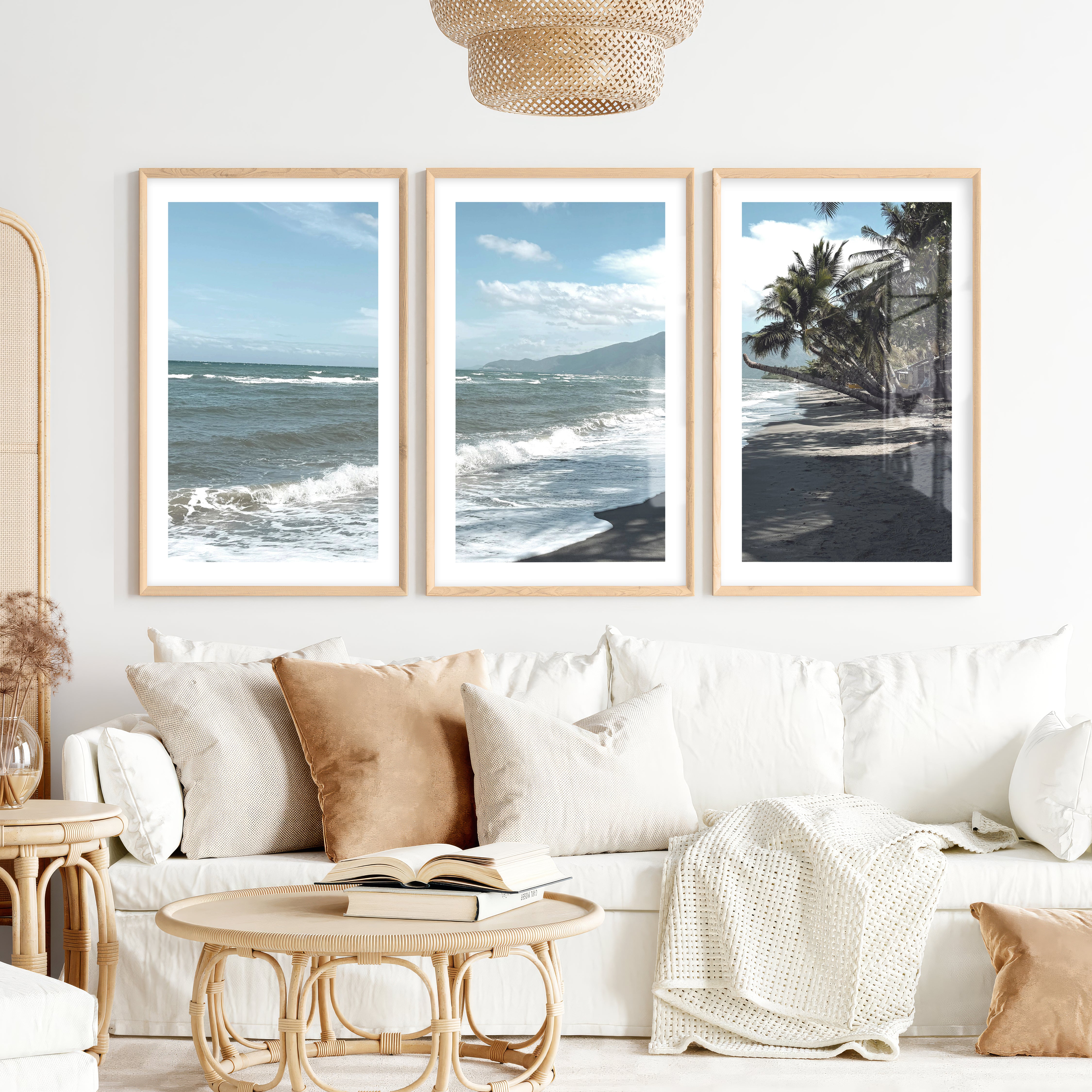 Palm Shoreline ocean beach artwork- Natural Wood Framed Poster with White Border - Artworksets