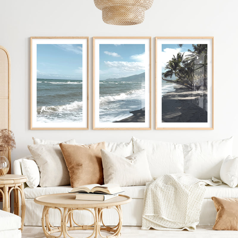 Palm Shoreline ocean beach artwork- Natural Wood Framed Poster with White Border - Artworksets