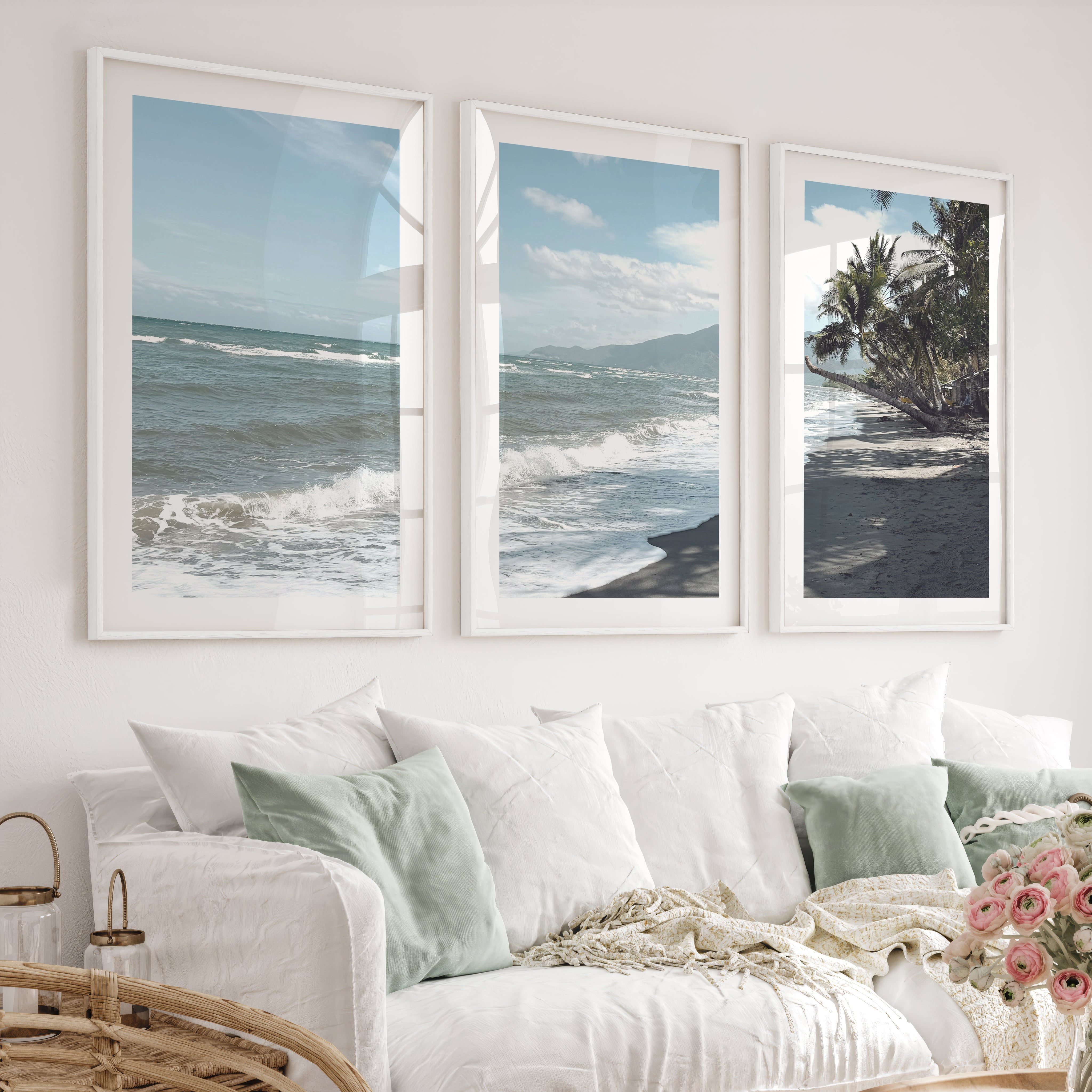 Palm Shoreline ocean beach artwork - White Framed Poster with White Border - Artworksets