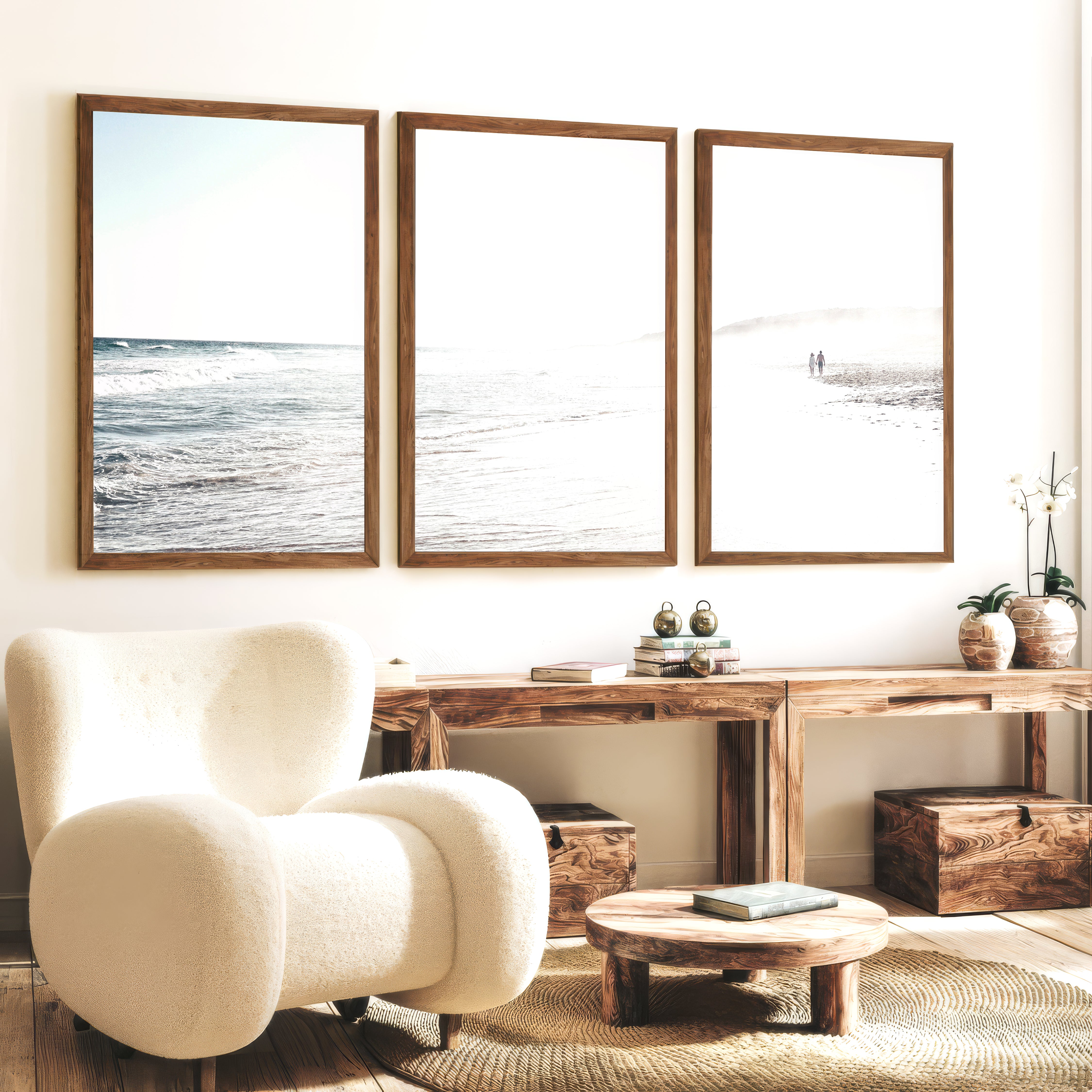 Sunlit Tide ocean beach artwork - Dark Brown Framed Poster No Border - Artworksets