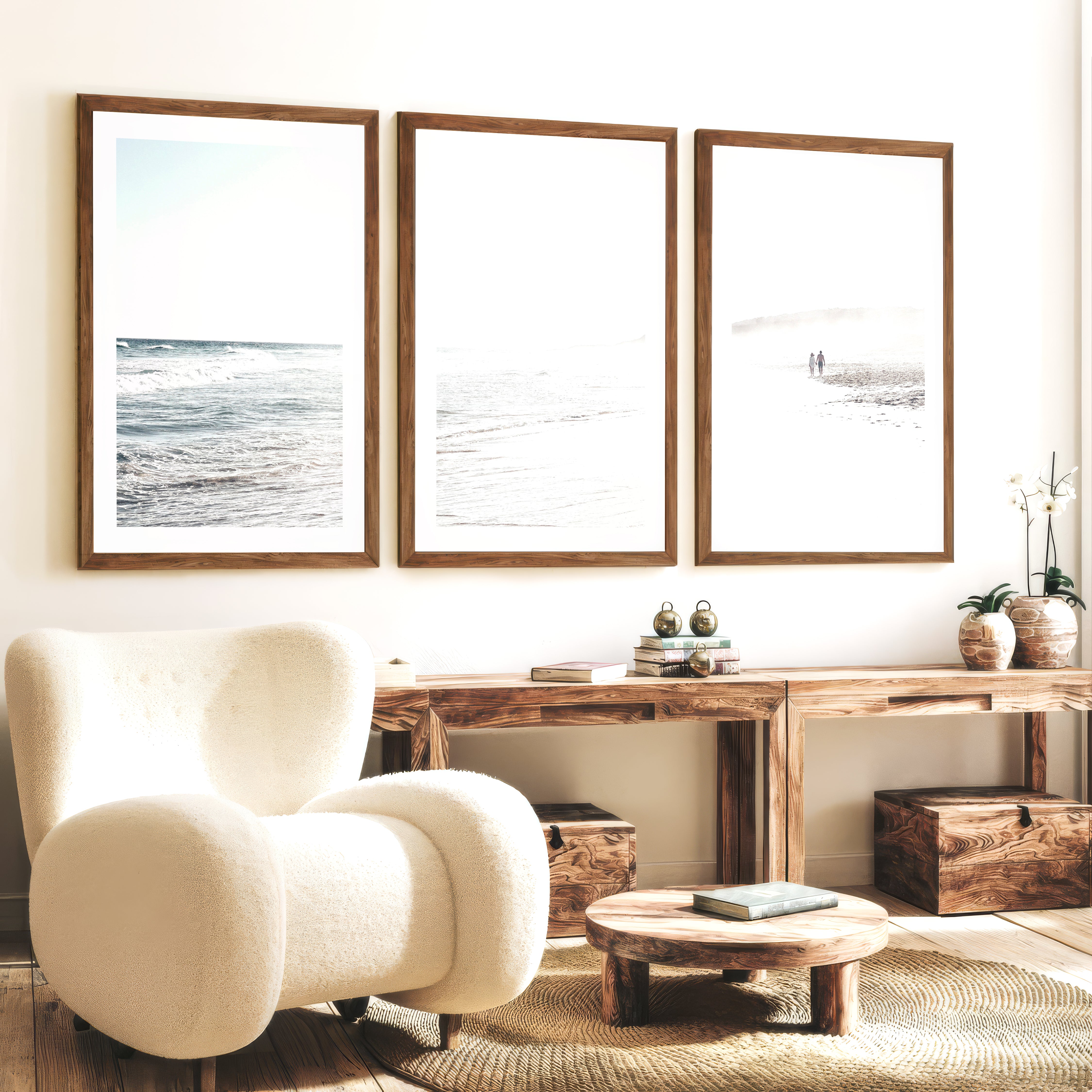 Sunlit Tide ocean beach artwork - Dark Brown Framed Poster with White Border - Artworksets