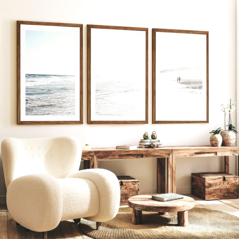 Sunlit Tide ocean beach artwork - Dark Brown Framed Poster with White Border - Artworksets