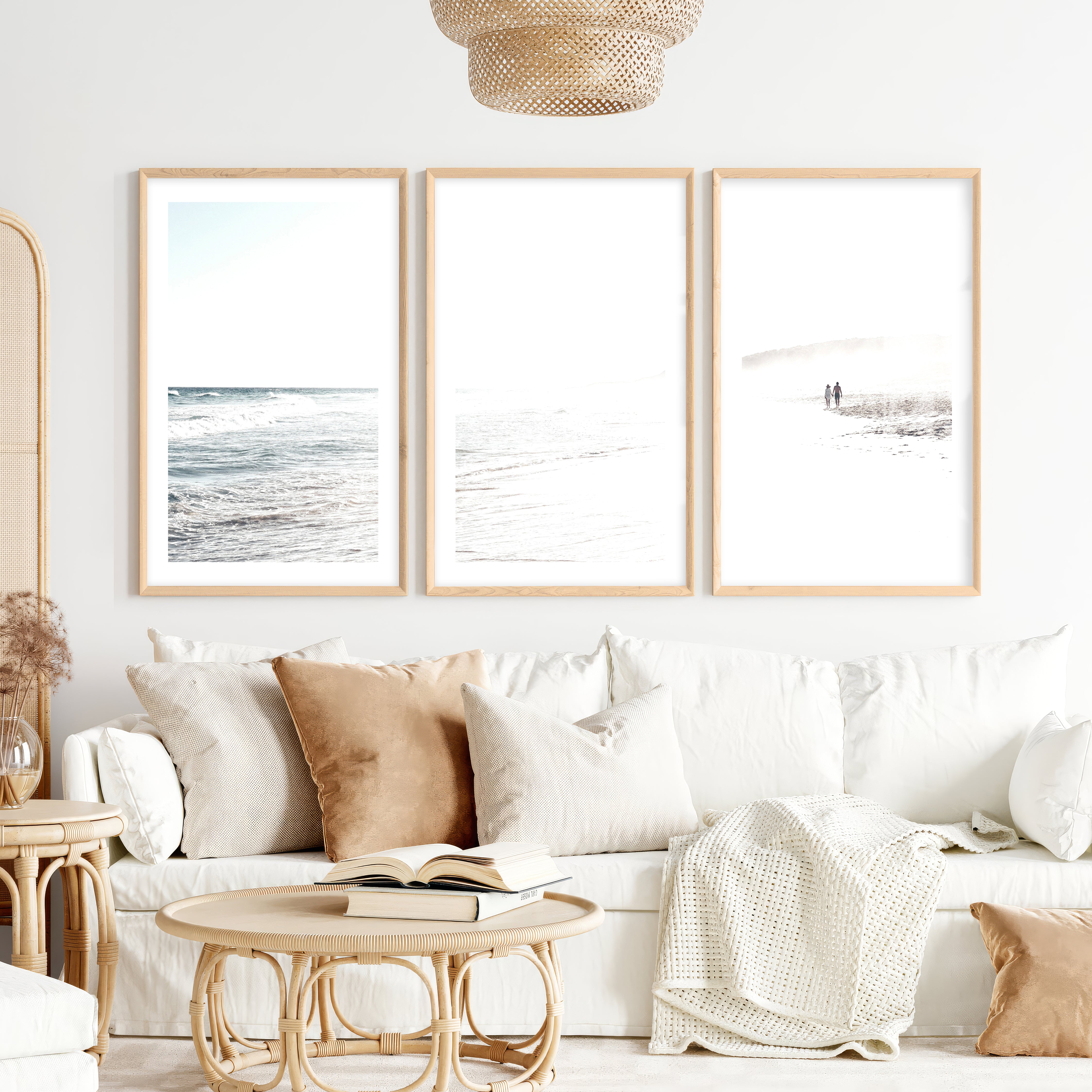 Sunlit Tide ocean beach artwork- Natural Wood Framed Poster with White Border - Artworksets