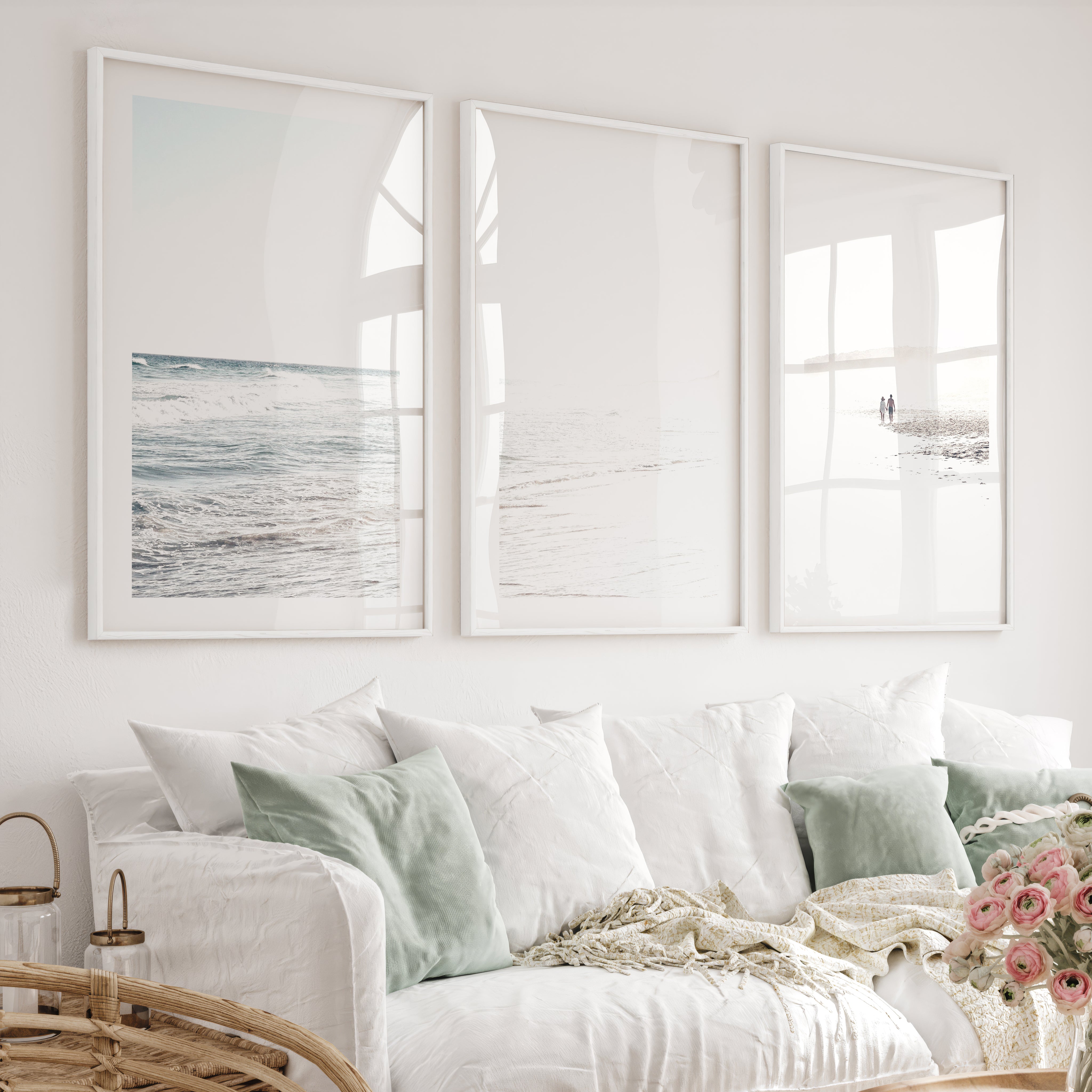 Sunlit Tide ocean beach artwork - White Framed Poster with White Border - Artworksets
