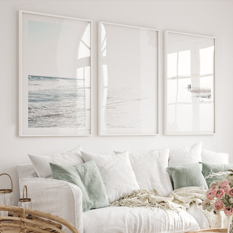 Sunlit Tide ocean beach artwork - White Framed Poster with White Border - Artworksets