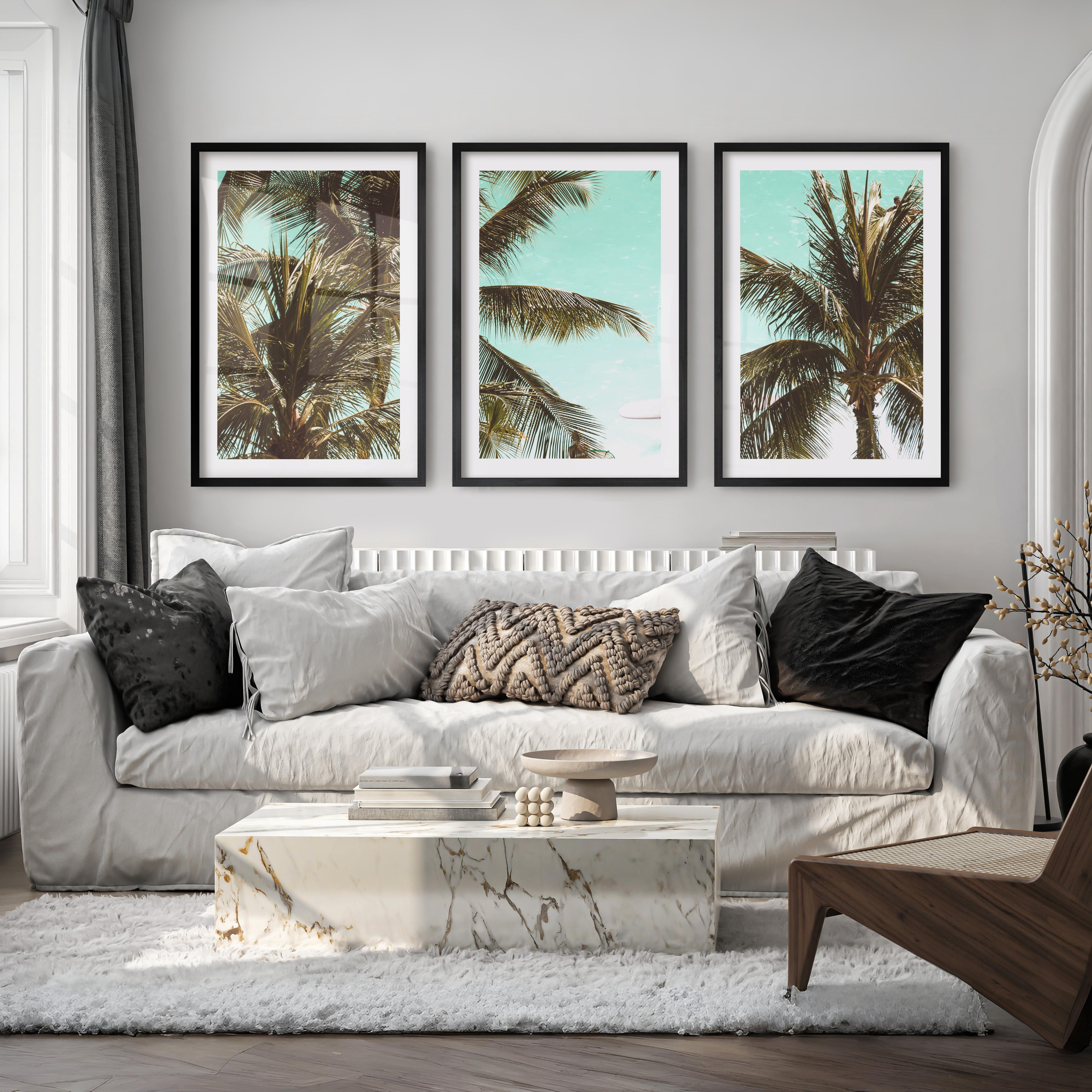 Palm Framed Ocean Beach Wall Art - Black Framed Poster with White Border - Artworksets