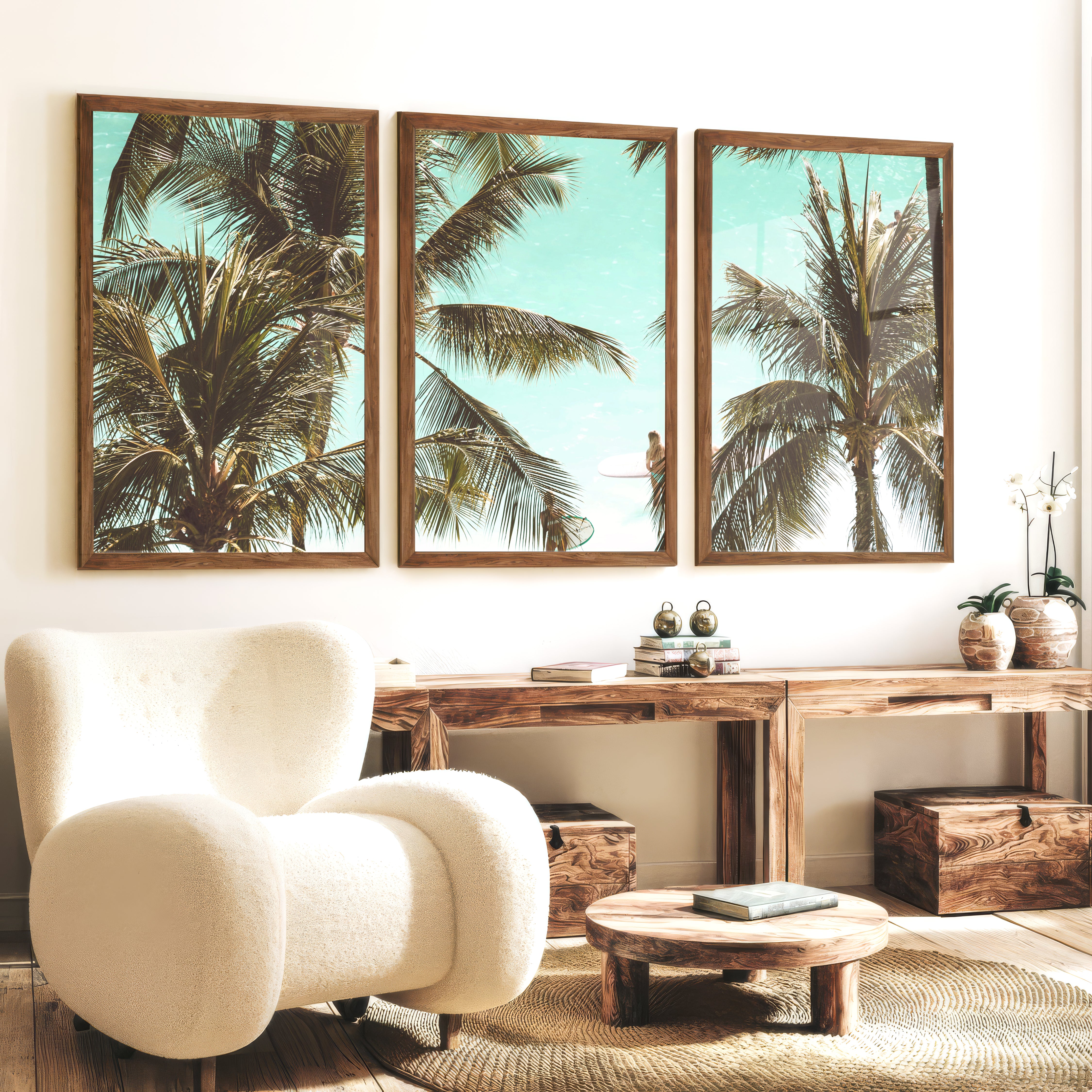 Palm Framed Ocean Beach Wall Art - Dark Brown Framed Poster No Border - Artworksets