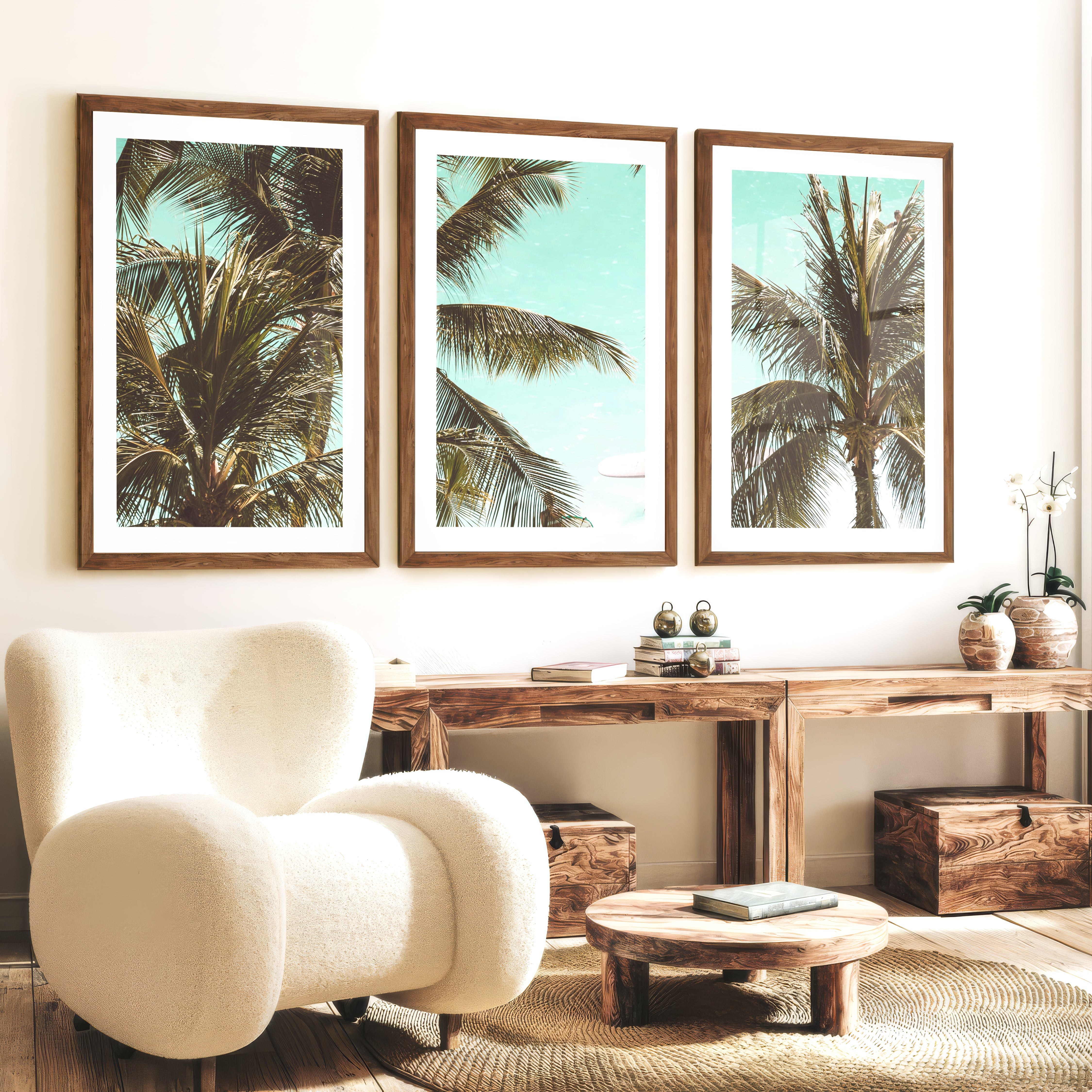 Palm Framed Ocean Beach Wall Art - Dark Brown Framed Poster with White Border - Artworksets