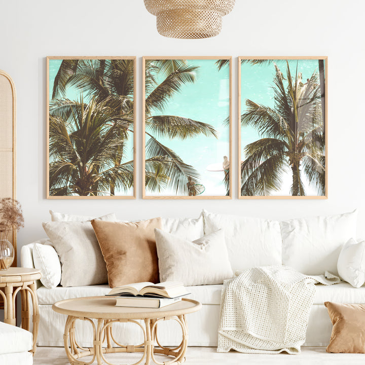 Palm Framed Ocean Beach Wall Art - Natural Wood Framed Poster No Border - Artworksets