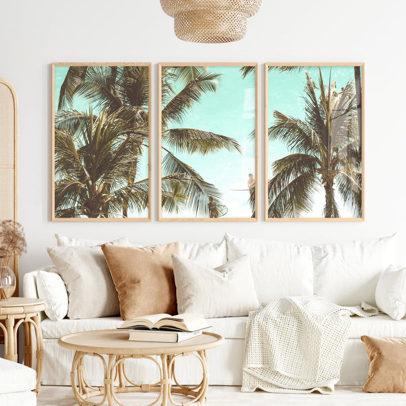 Palm Framed Ocean Beach Wall Art - Natural Wood Framed Poster No Border - Artworksets
