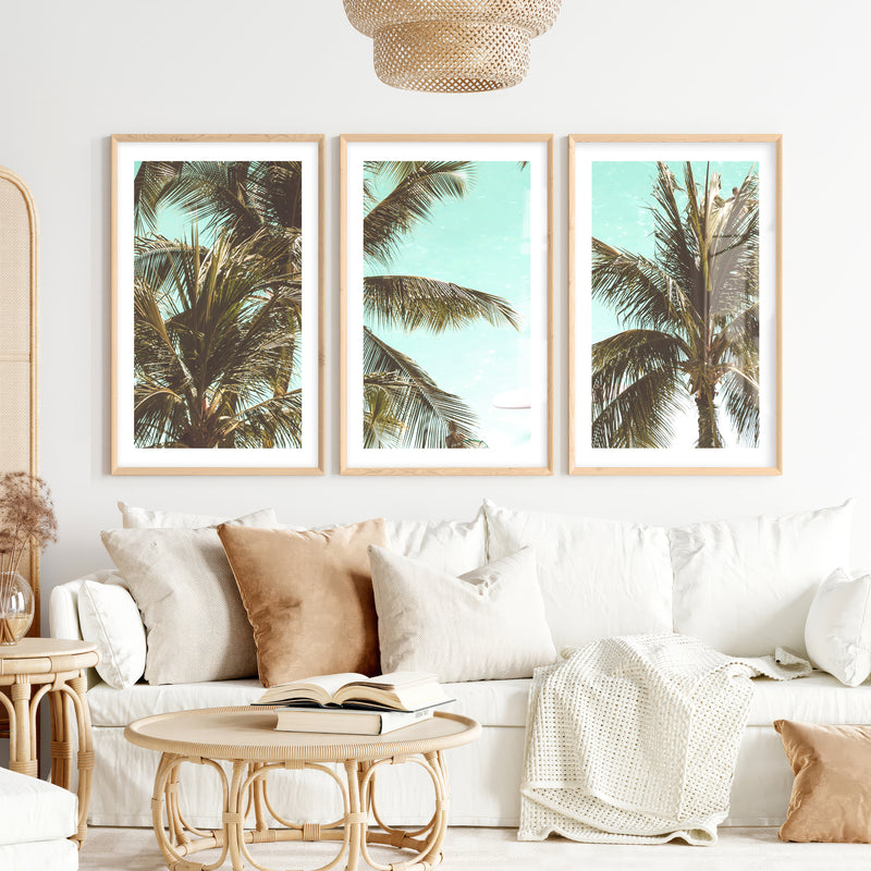 Palm Framed Ocean Beach Wall Art- Natural Wood Framed Poster with White Border - Artworksets
