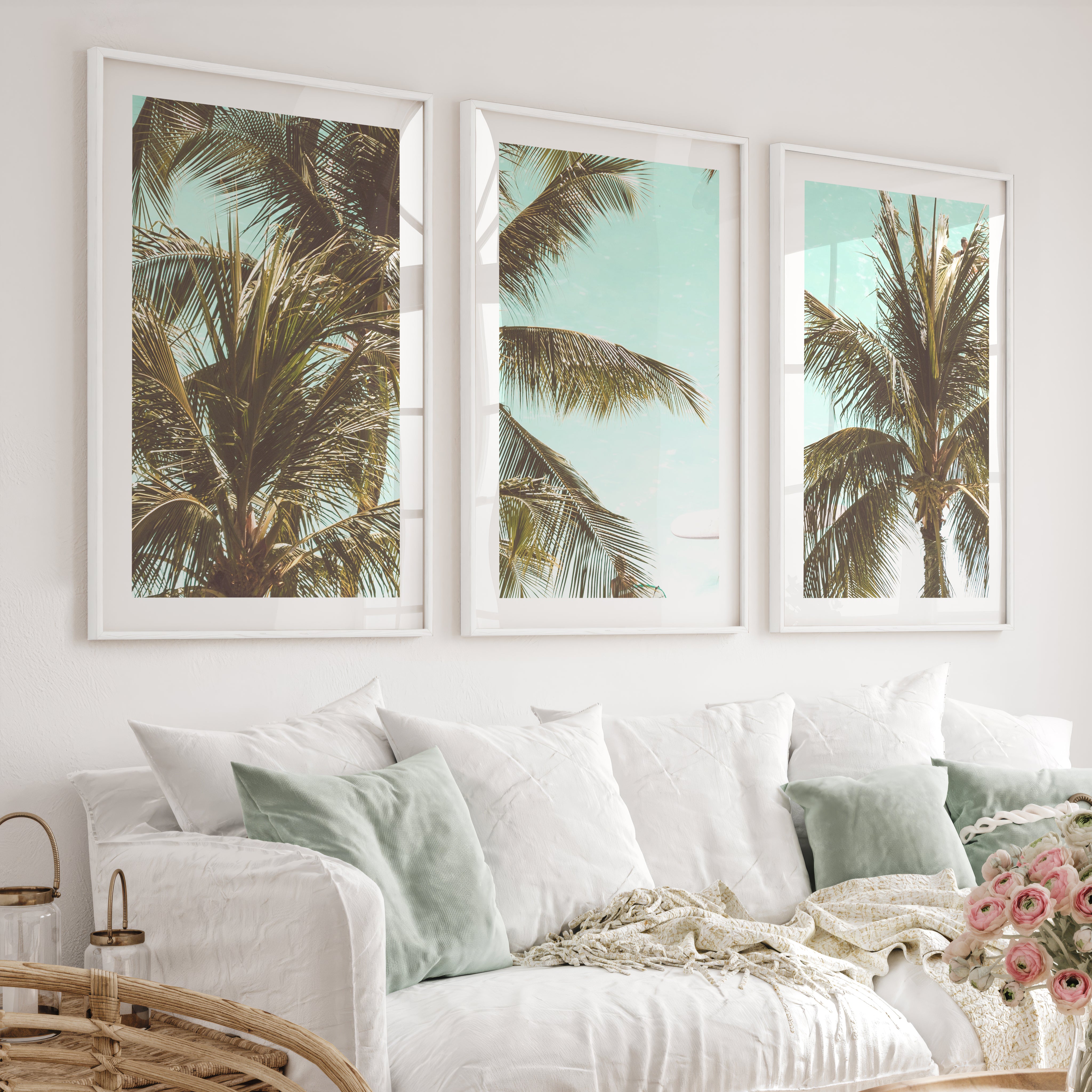 Palm Framed Ocean Beach Wall Art - White Framed Poster with White Border - Artworksets