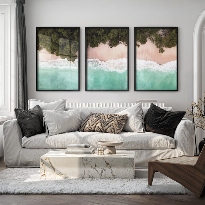 Turquoise Shoreline Ocean Beach Wall Art - Black Framed Poster No Border - Artworksets