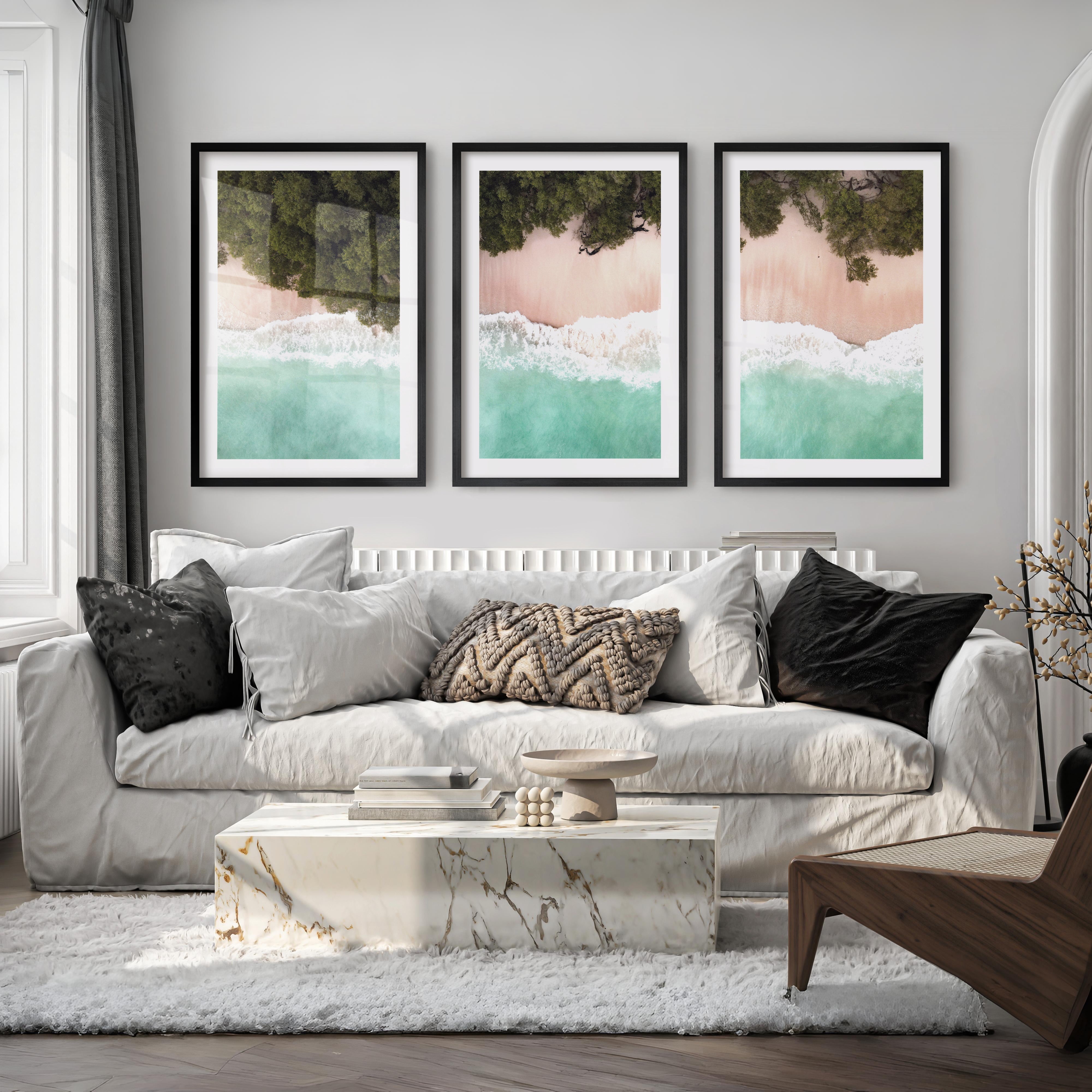Turquoise Shoreline Ocean Beach Wall Art - Black Framed Poster with White Border - Artworksets