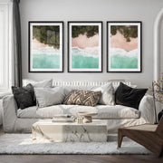 Turquoise Shoreline Ocean Beach Wall Art - Black Framed Poster with White Border - Artworksets