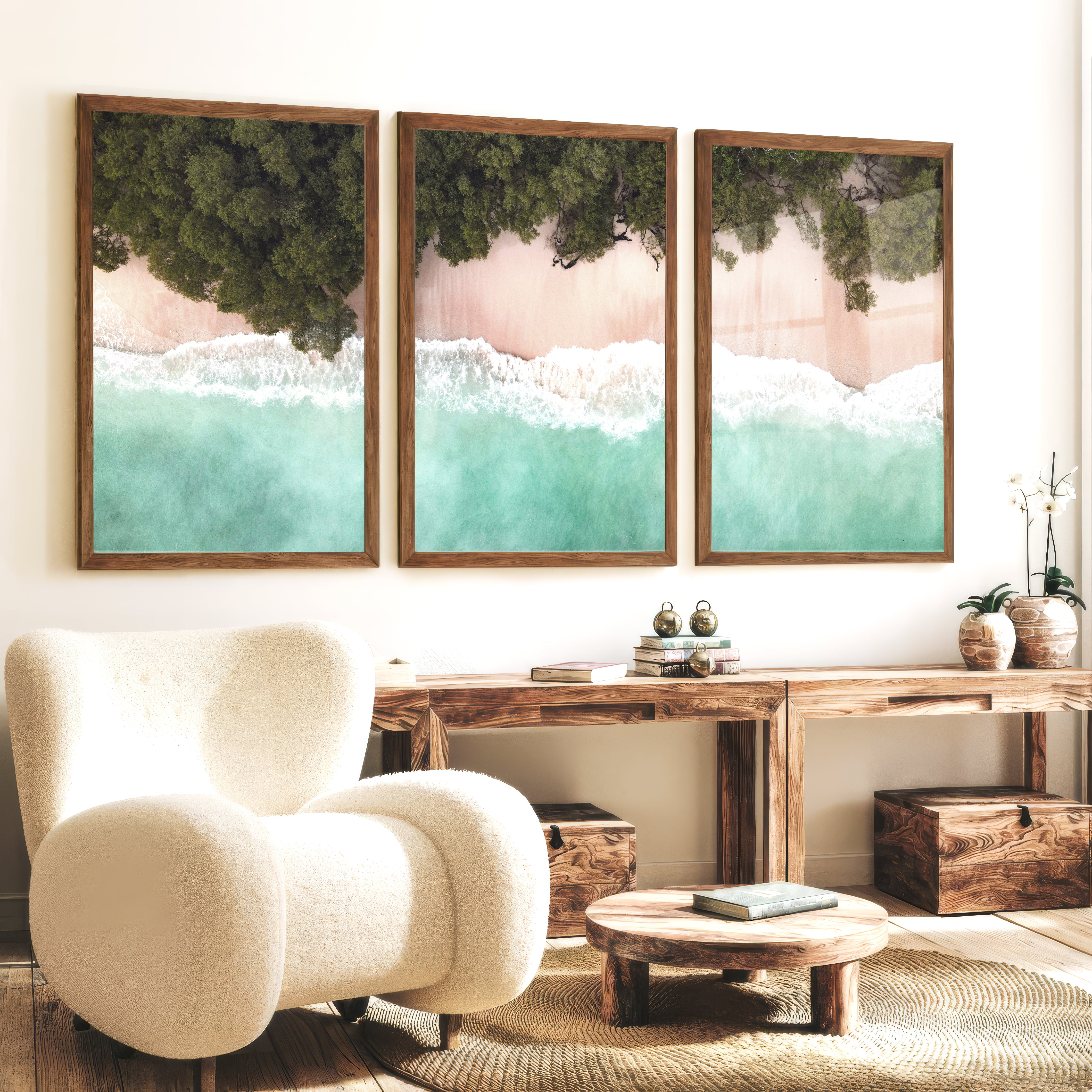 Turquoise Shoreline Ocean Beach Wall Art - Dark Brown Framed Poster No Border - Artworksets