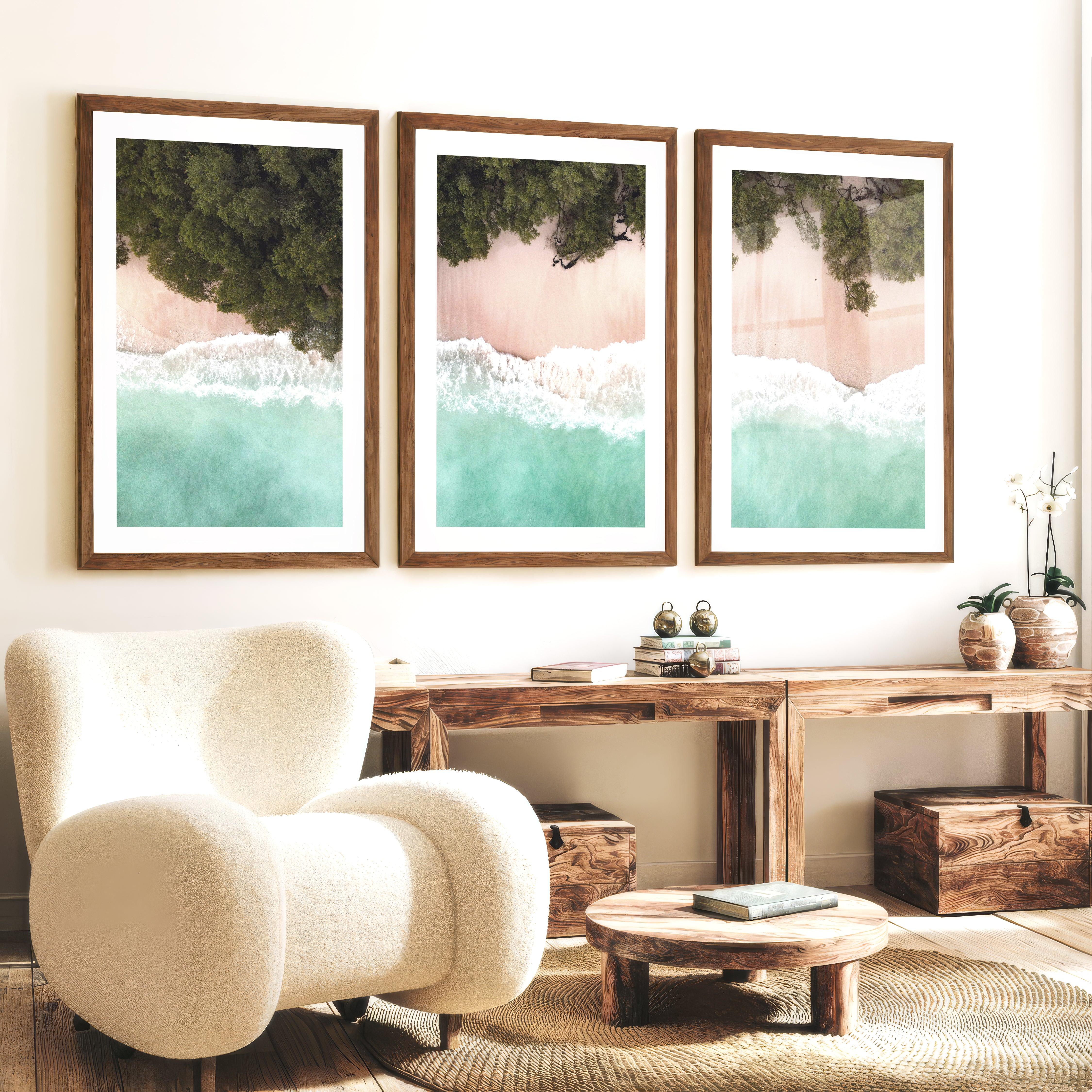 Turquoise Shoreline Ocean Beach Wall Art - Dark Brown Framed Poster with White Border - Artworksets