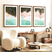 Turquoise Shoreline Ocean Beach Wall Art - Dark Brown Framed Poster with White Border - Artworksets