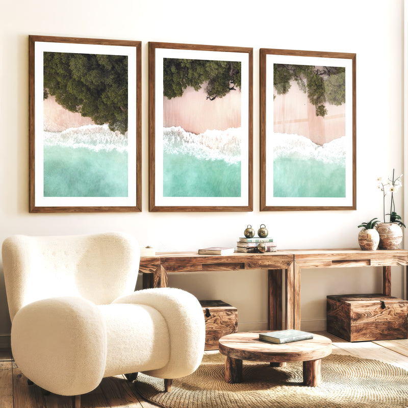 Turquoise Shoreline Ocean Beach Wall Art - Dark Brown Framed Poster with White Border - Artworksets