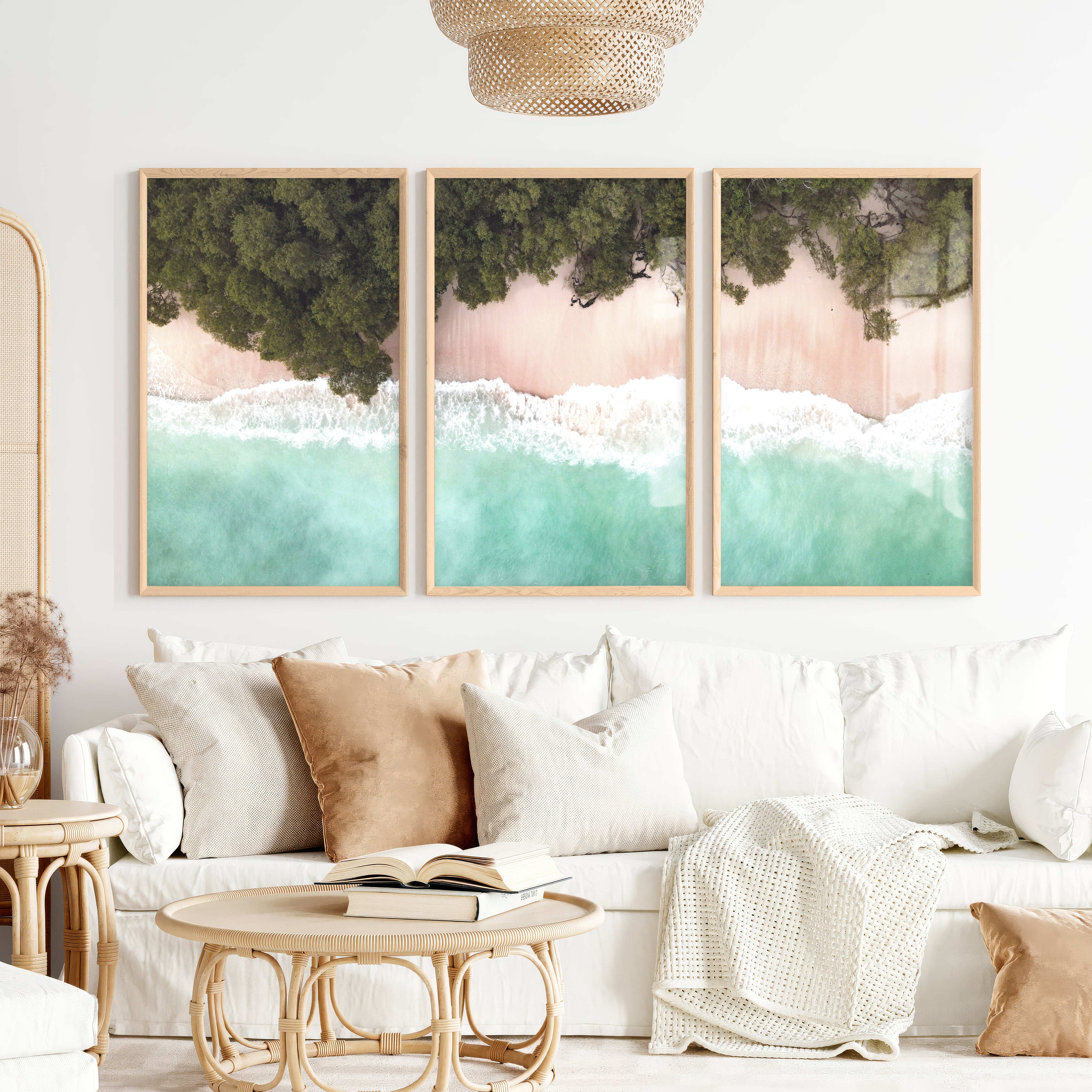 Turquoise Shoreline Ocean Beach Wall Art - Natural Wood Framed Poster No Border - Artworksets
