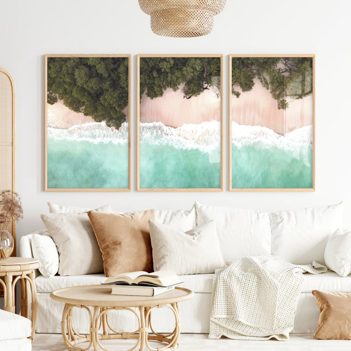 Turquoise Shoreline Ocean Beach Wall Art - Natural Wood Framed Poster No Border - Artworksets