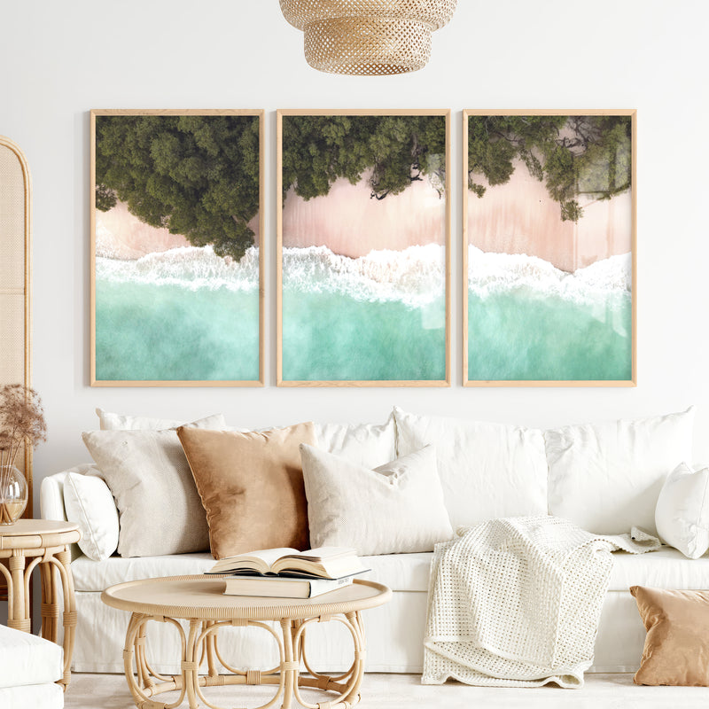 Turquoise Shoreline Ocean Beach Wall Art - Natural Wood Framed Poster No Border - Artworksets