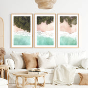 Turquoise Shoreline Ocean Beach Wall Art- Natural Wood Framed Poster with White Border - Artworksets