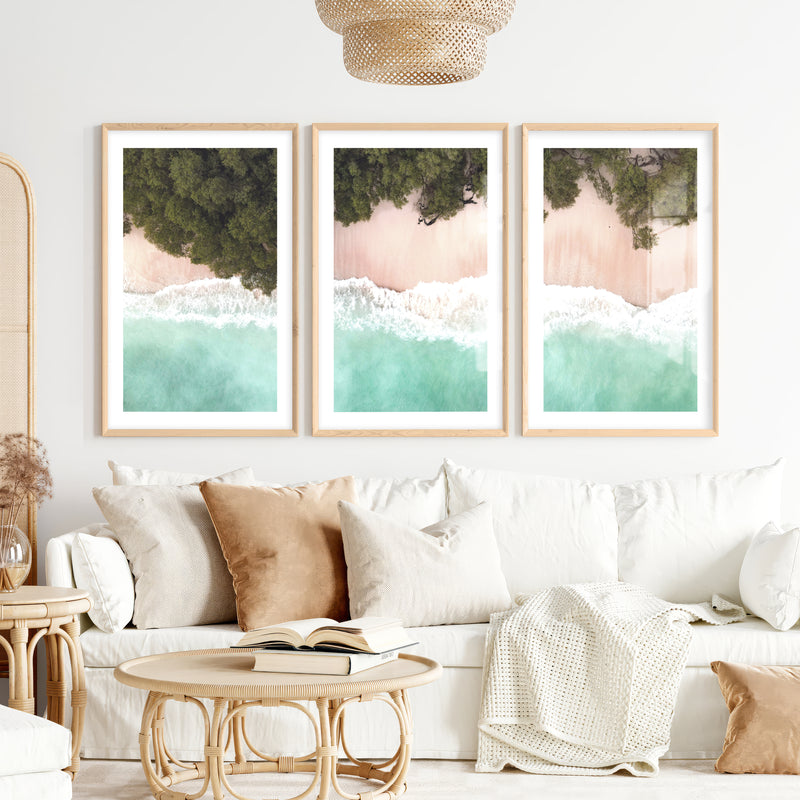 Turquoise Shoreline Ocean Beach Wall Art- Natural Wood Framed Poster with White Border - Artworksets