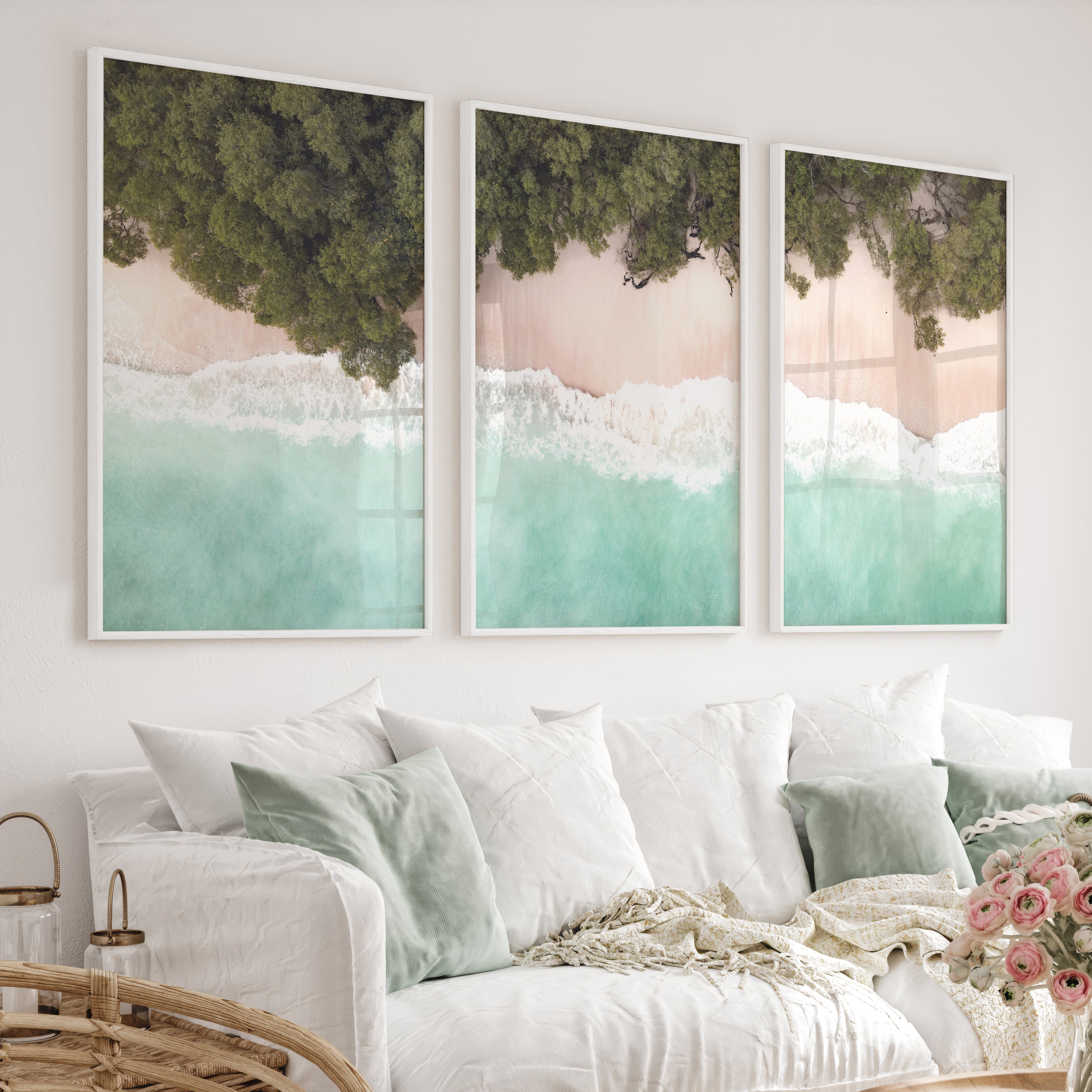 Turquoise Shoreline Ocean Beach Wall Art - White Framed Poster No Border - Artworksets