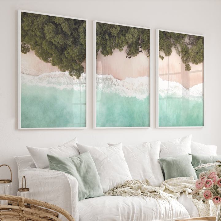 Turquoise Shoreline Ocean Beach Wall Art - White Framed Poster No Border - Artworksets