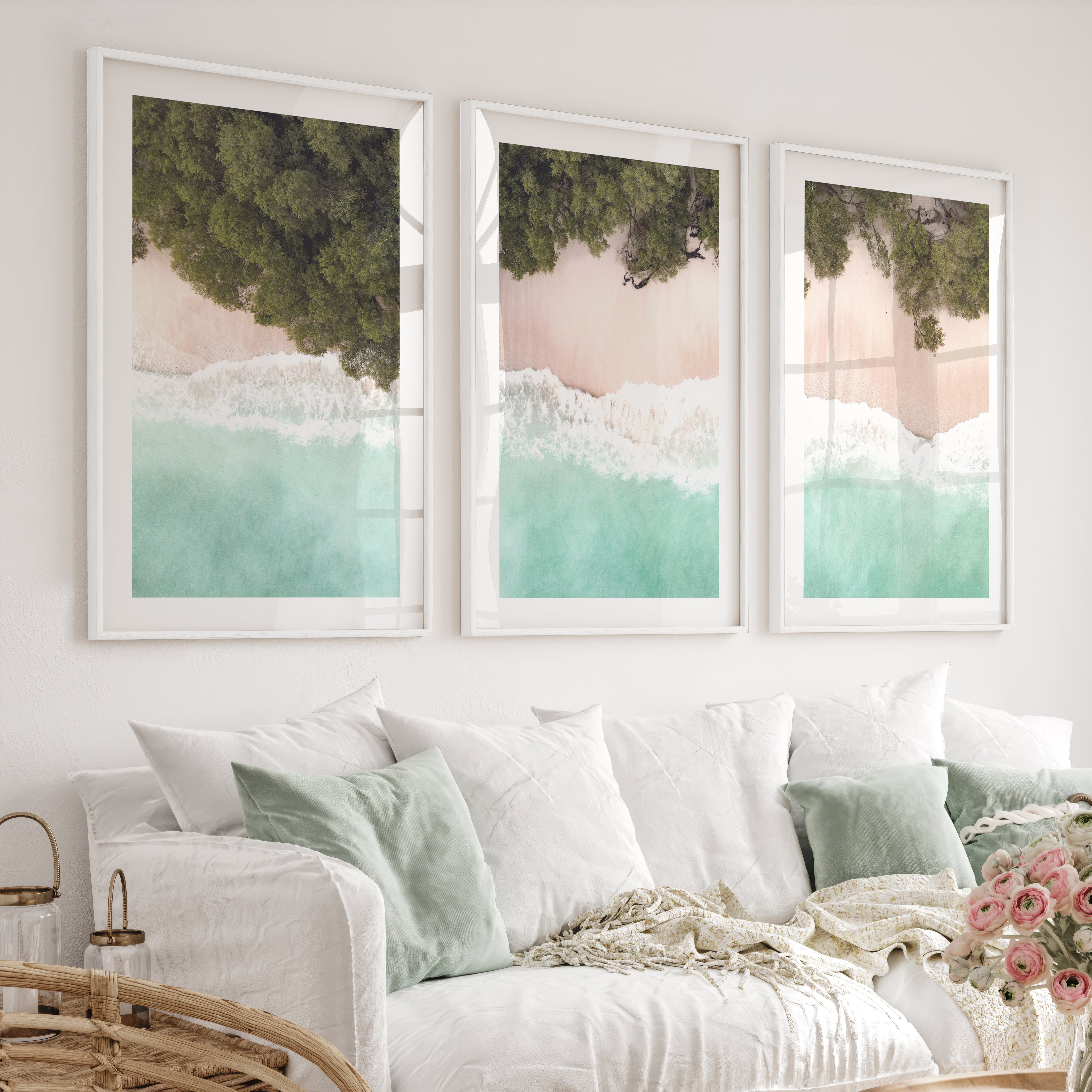 Turquoise Shoreline Ocean Beach Wall Art - White Framed Poster with White Border - Artworksets