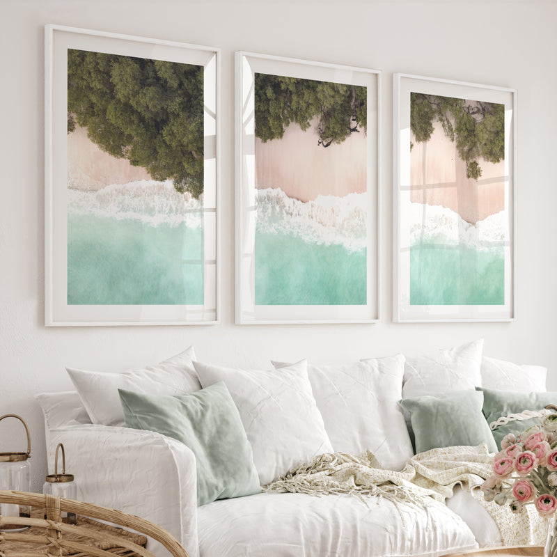 Turquoise Shoreline Ocean Beach Wall Art - White Framed Poster with White Border - Artworksets