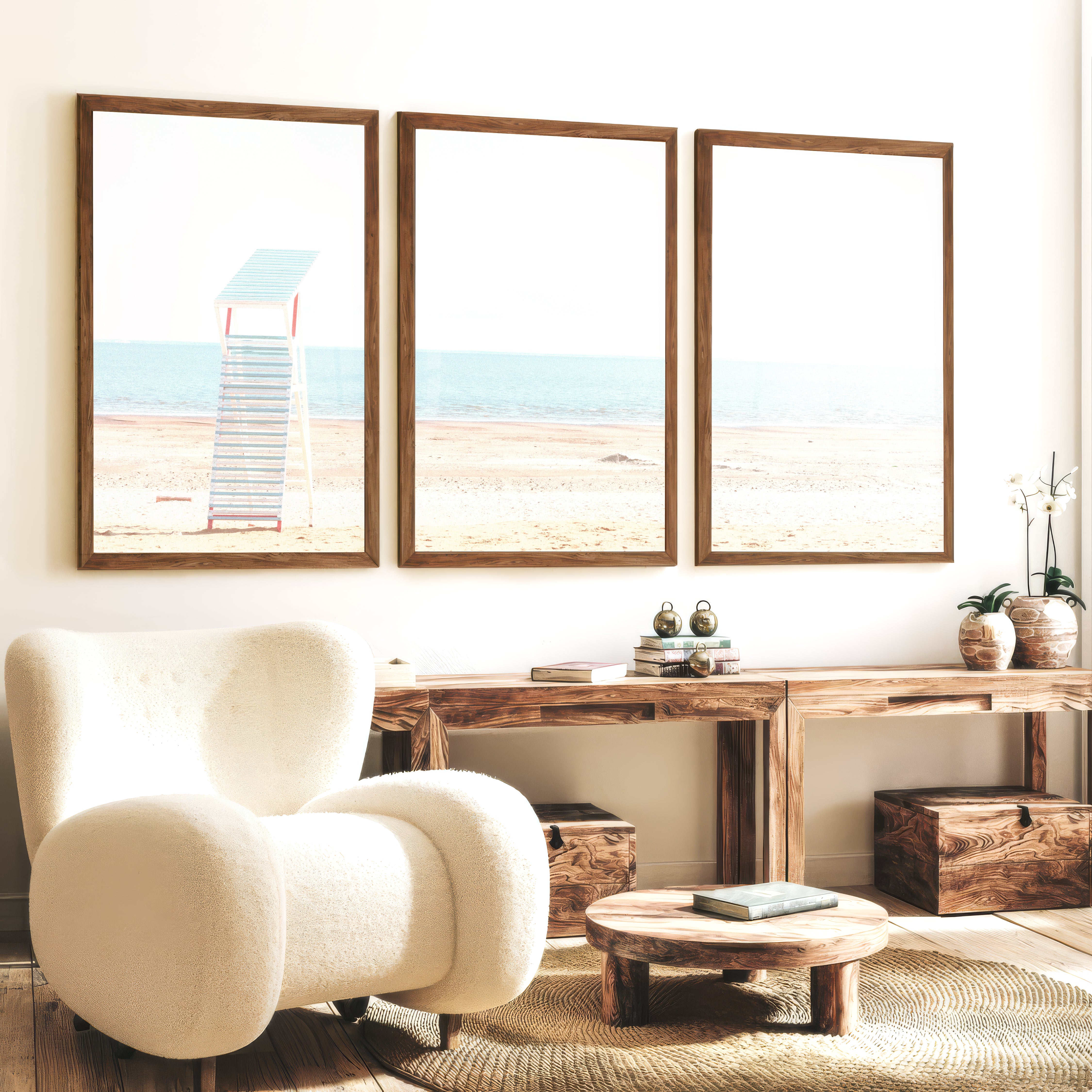 Lifeguard Chair ocean beach wall decor - Dark Brown Framed Poster No Border - Artworksets
