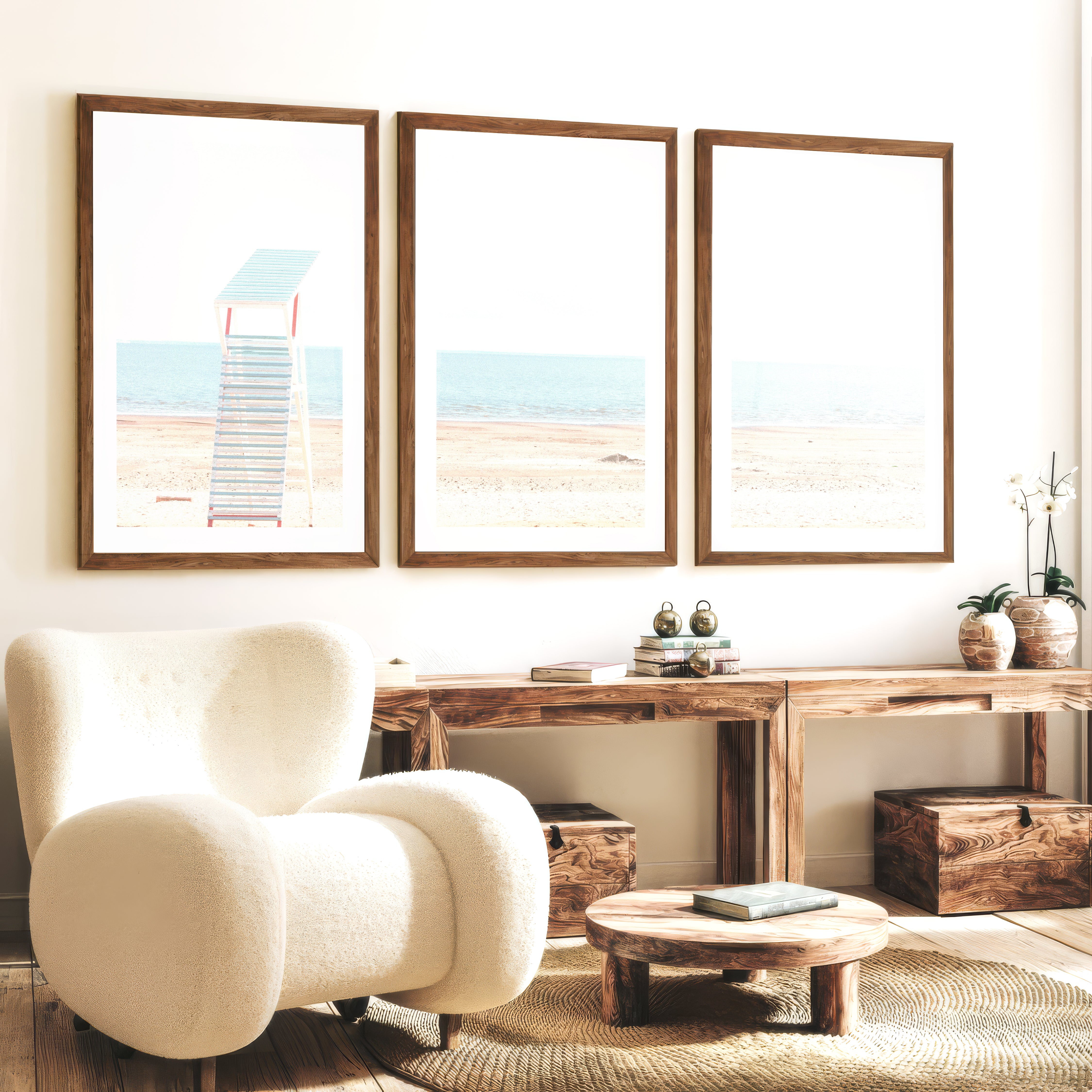 Lifeguard Chair ocean beach wall decor - Dark Brown Framed Poster with White Border - Artworksets