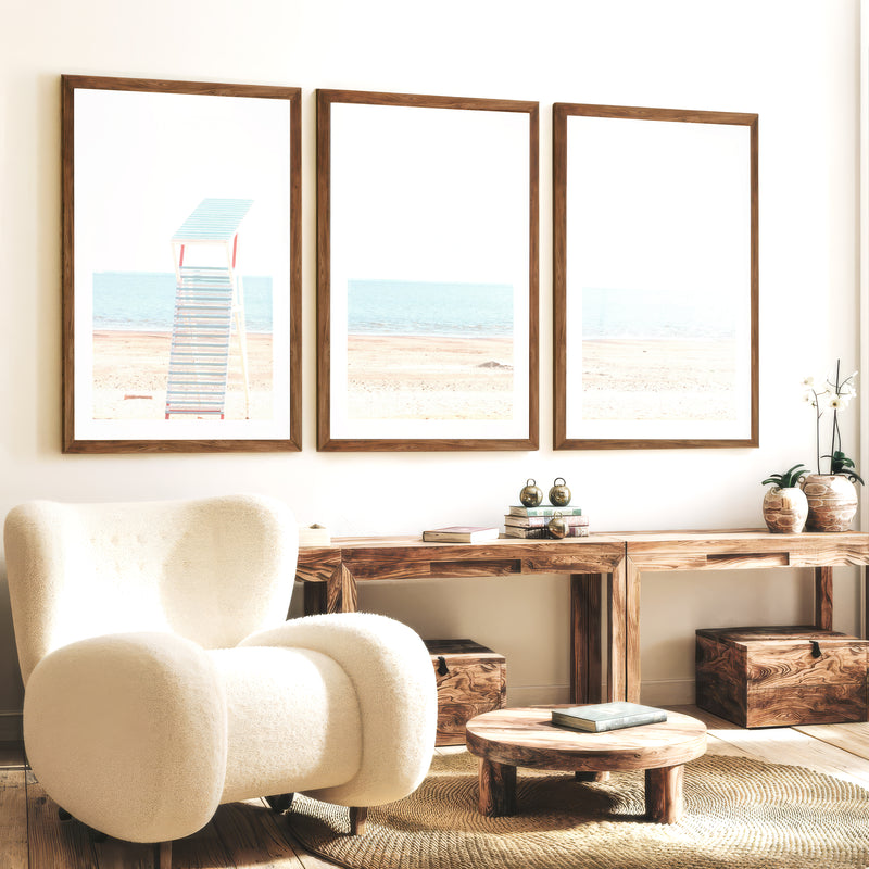 Lifeguard Chair ocean beach wall decor - Dark Brown Framed Poster with White Border - Artworksets