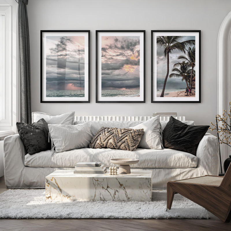 Stormy Palm Ocean Beach Wall Art - Black Framed Poster with White Border - Artworksets