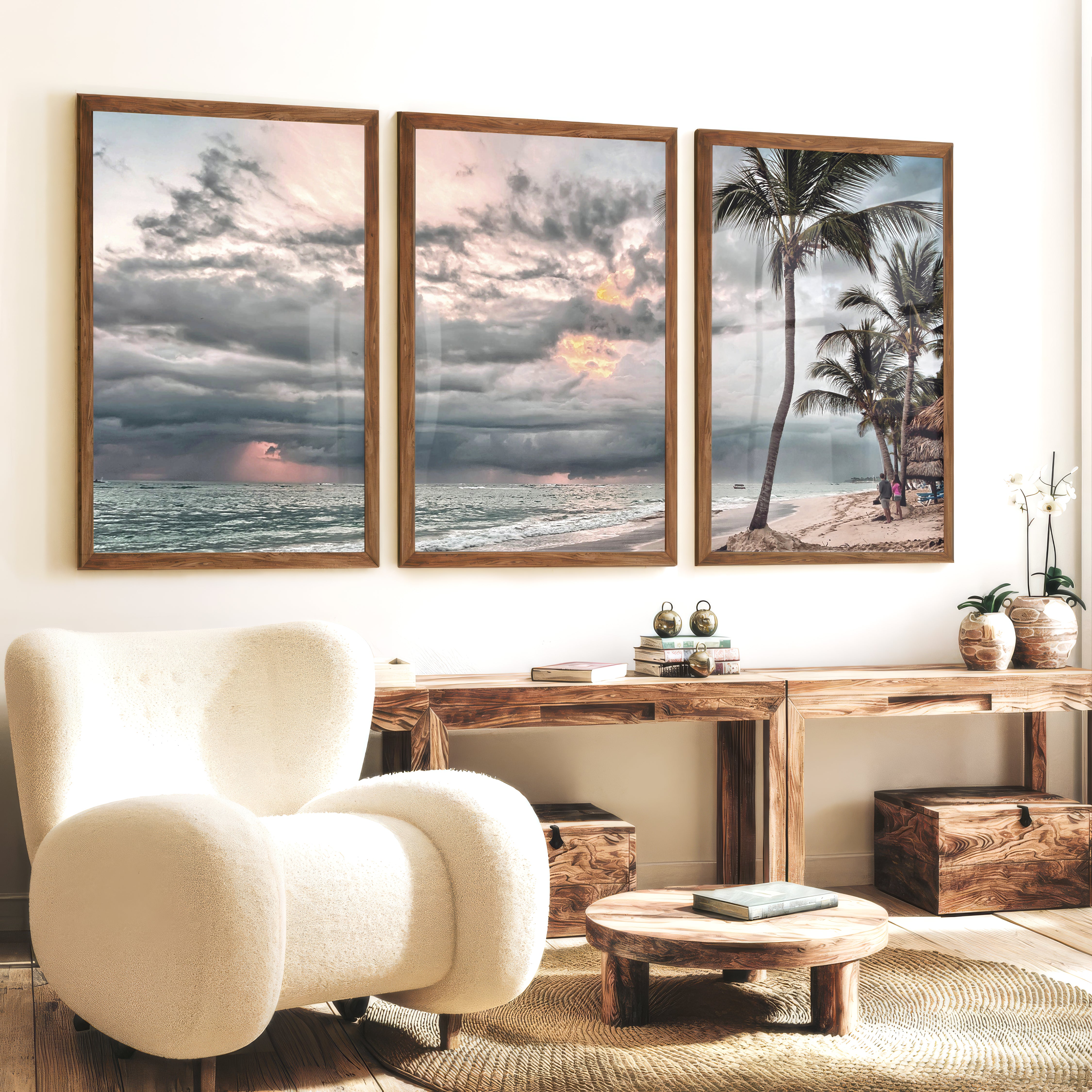 Stormy Palm Ocean Beach Wall Art - Dark Brown Framed Poster No Border - Artworksets