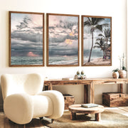 Stormy Palm Ocean Beach Wall Art - Dark Brown Framed Poster No Border - Artworksets